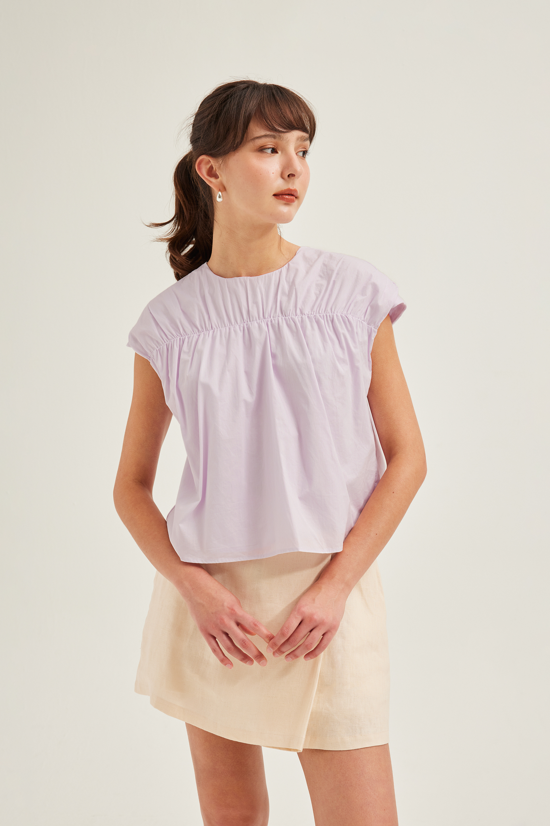 Gathered Cap-Sleeve Blouse