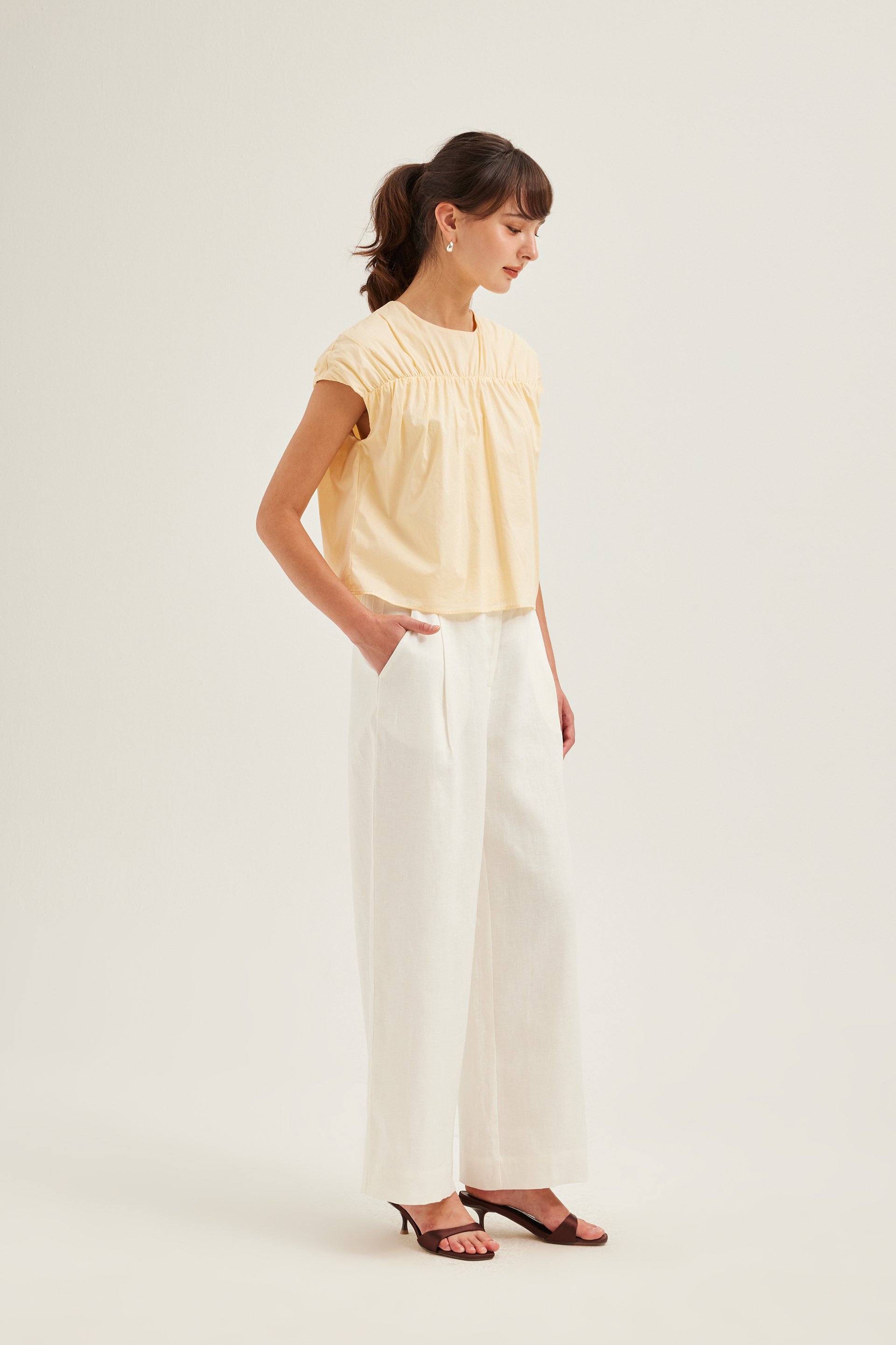 Gathered Cap-Sleeve Blouse