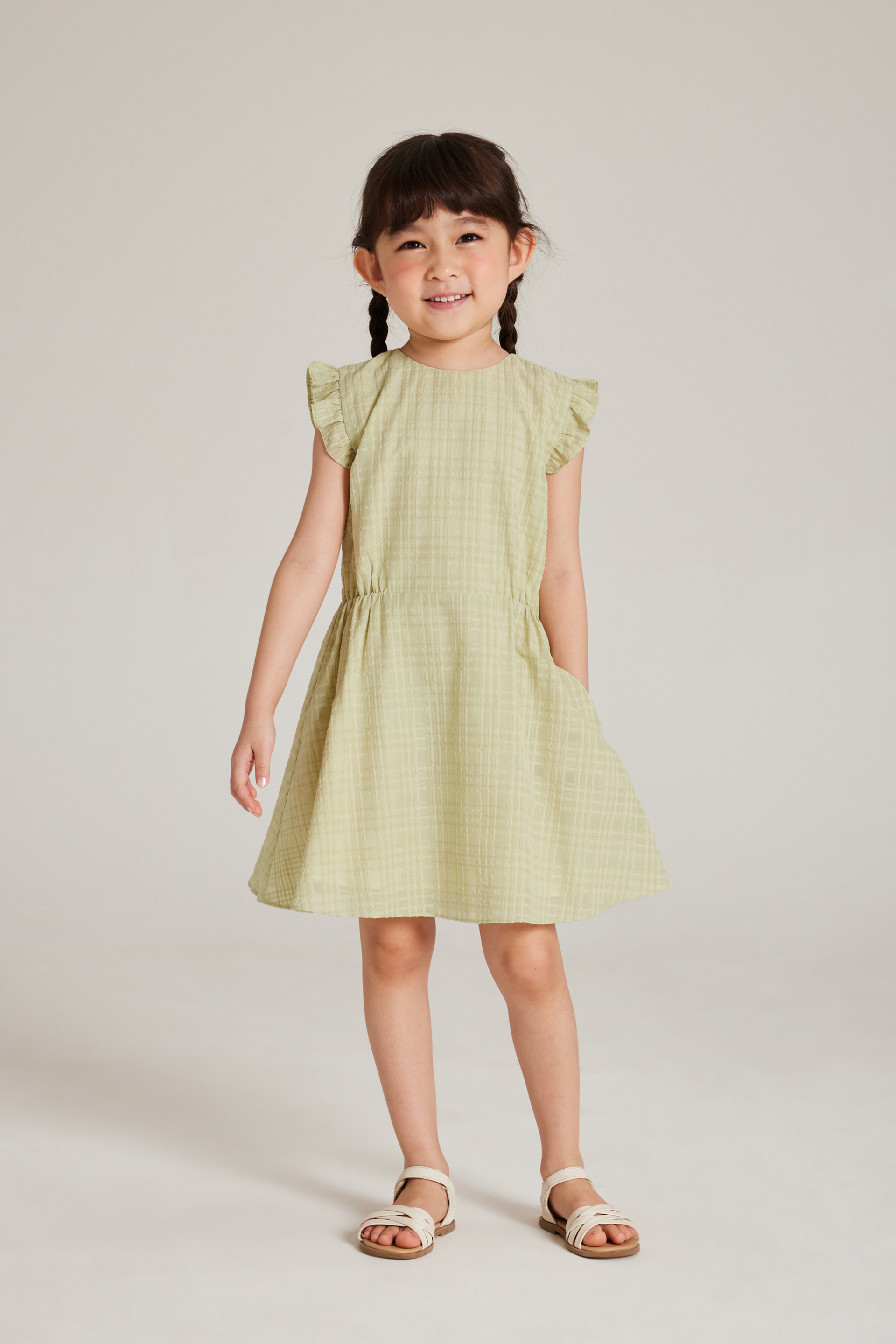 Textured Plaid Ruffle-Sleeve Dress