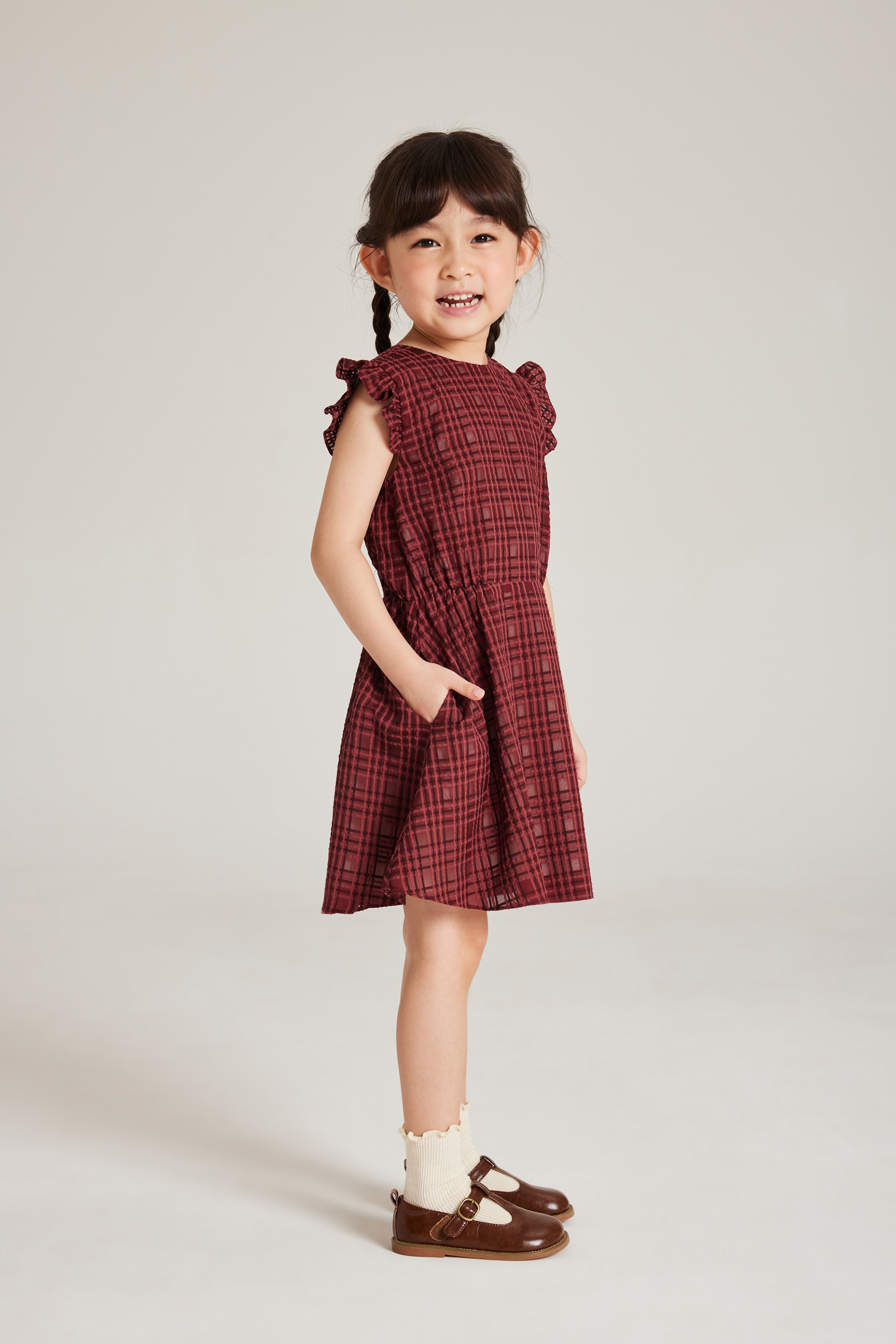 Textured Plaid Ruffle-Sleeve Dress
