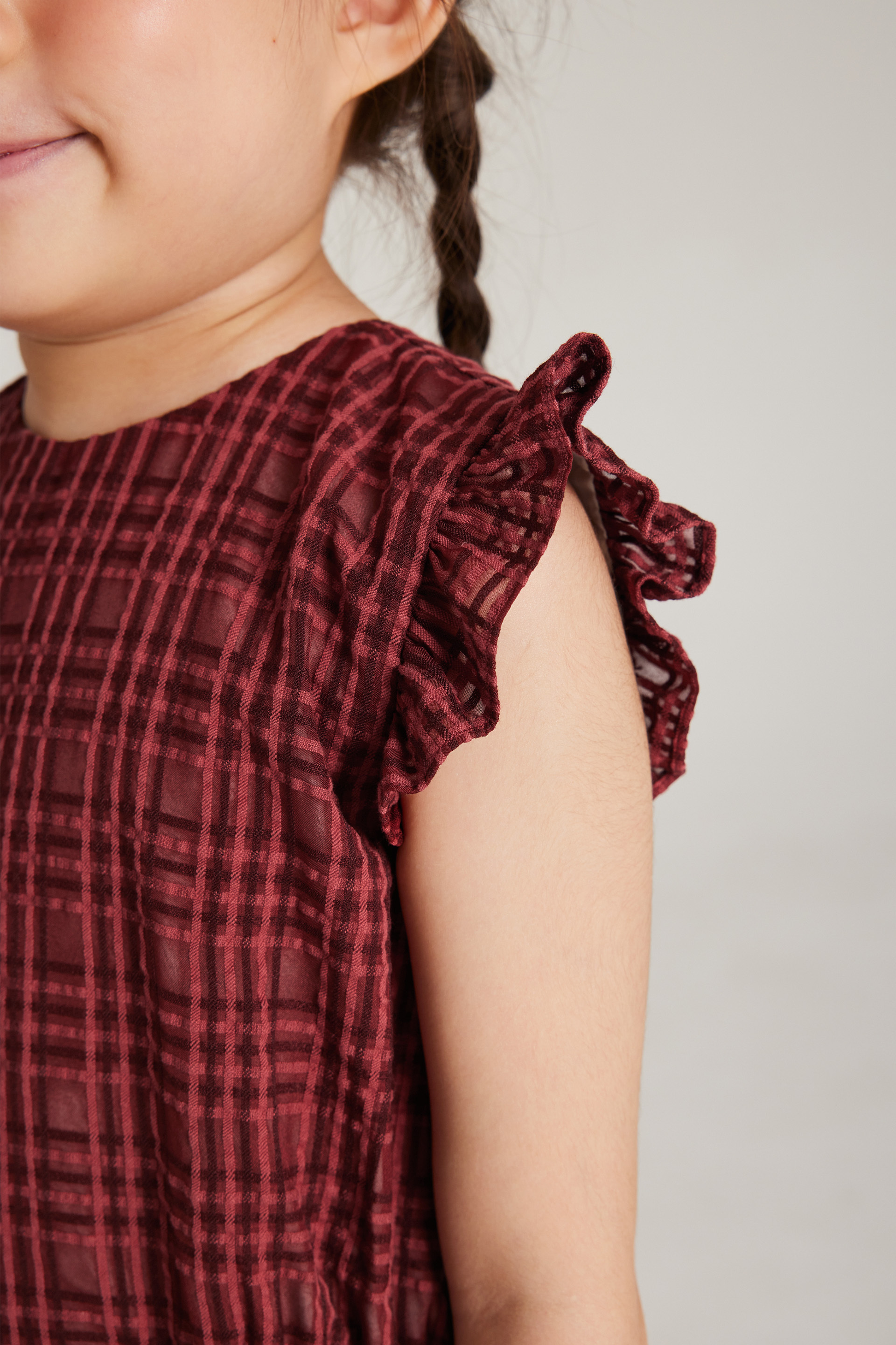 Textured Plaid Ruffle-Sleeve Dress