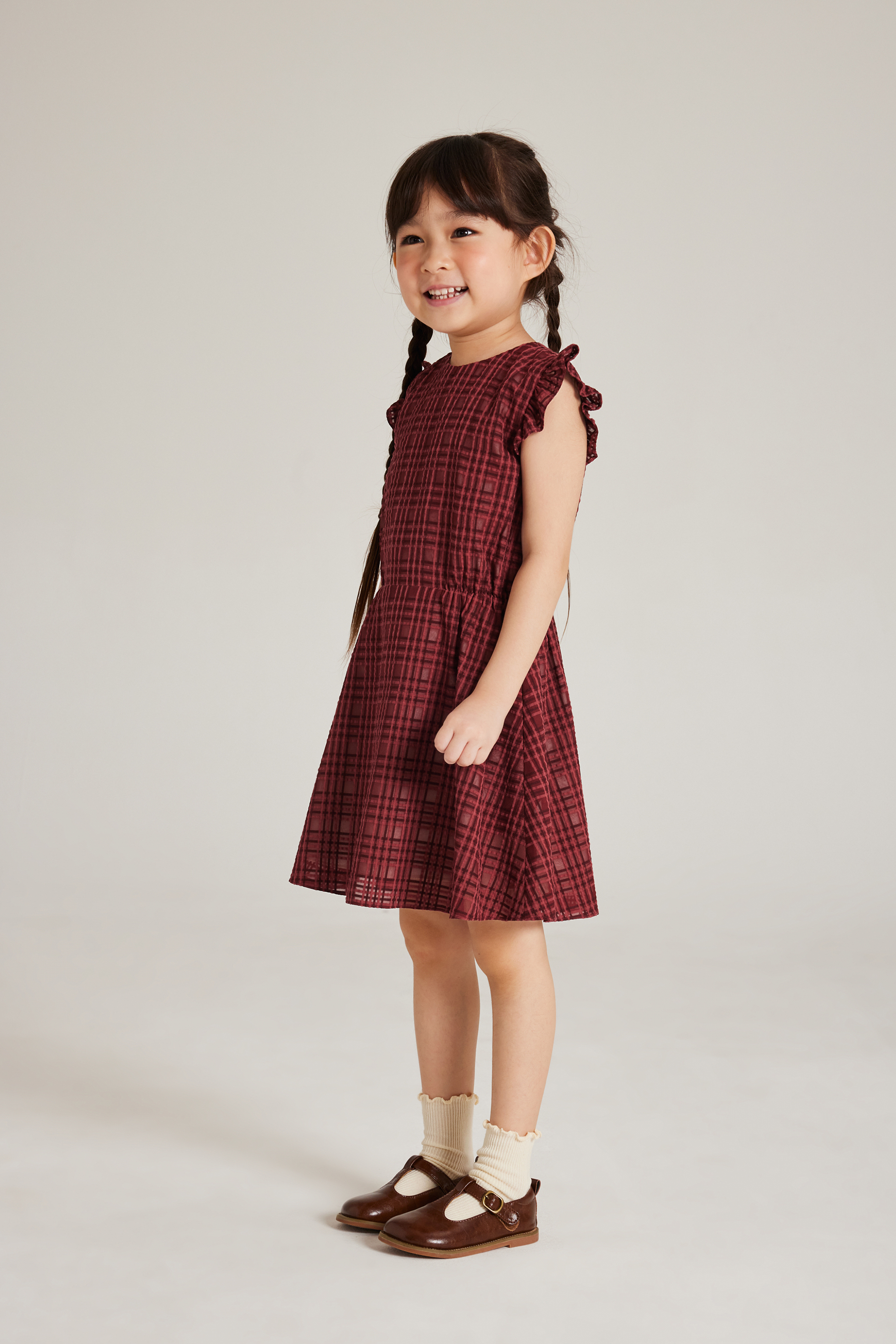 Textured Plaid Ruffle-Sleeve Dress