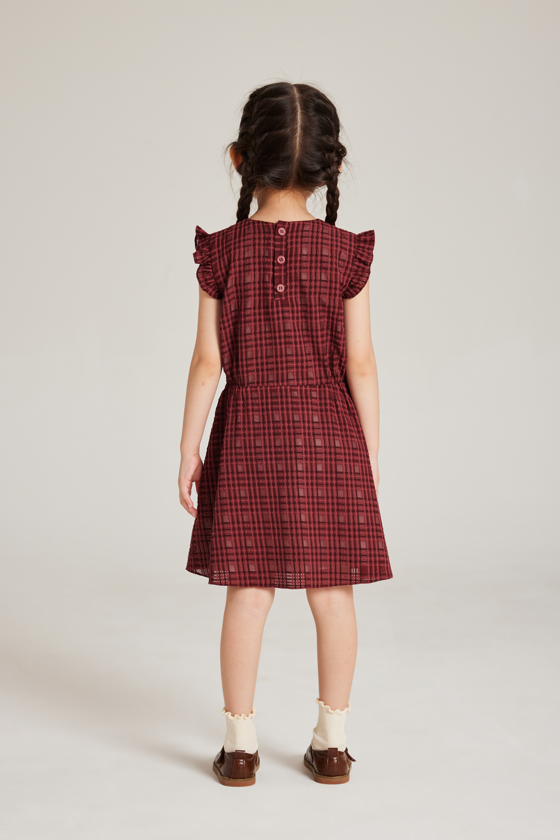 Textured Plaid Ruffle-Sleeve Dress