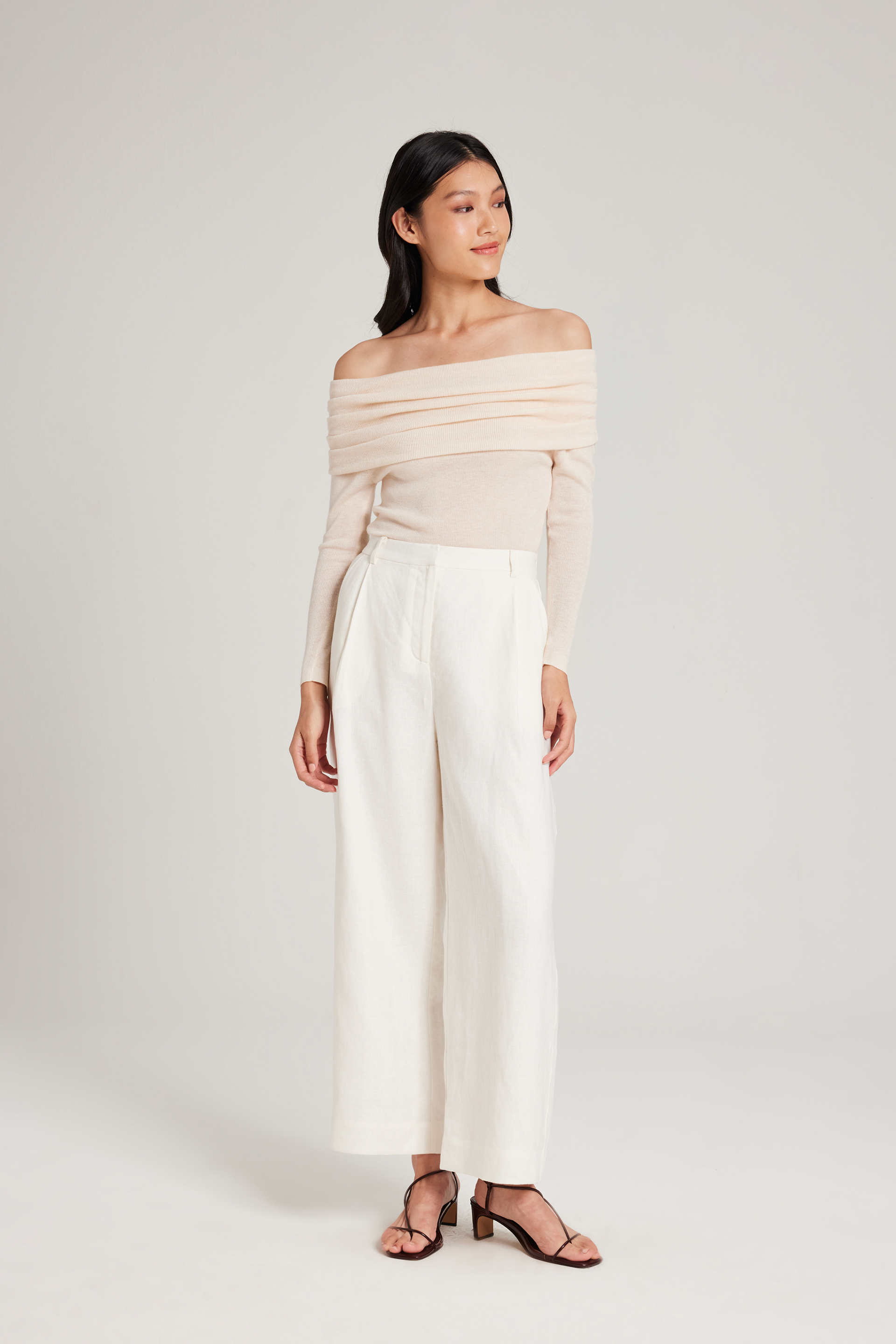 Pleated Off-Shoulder Long-Sleeve Top