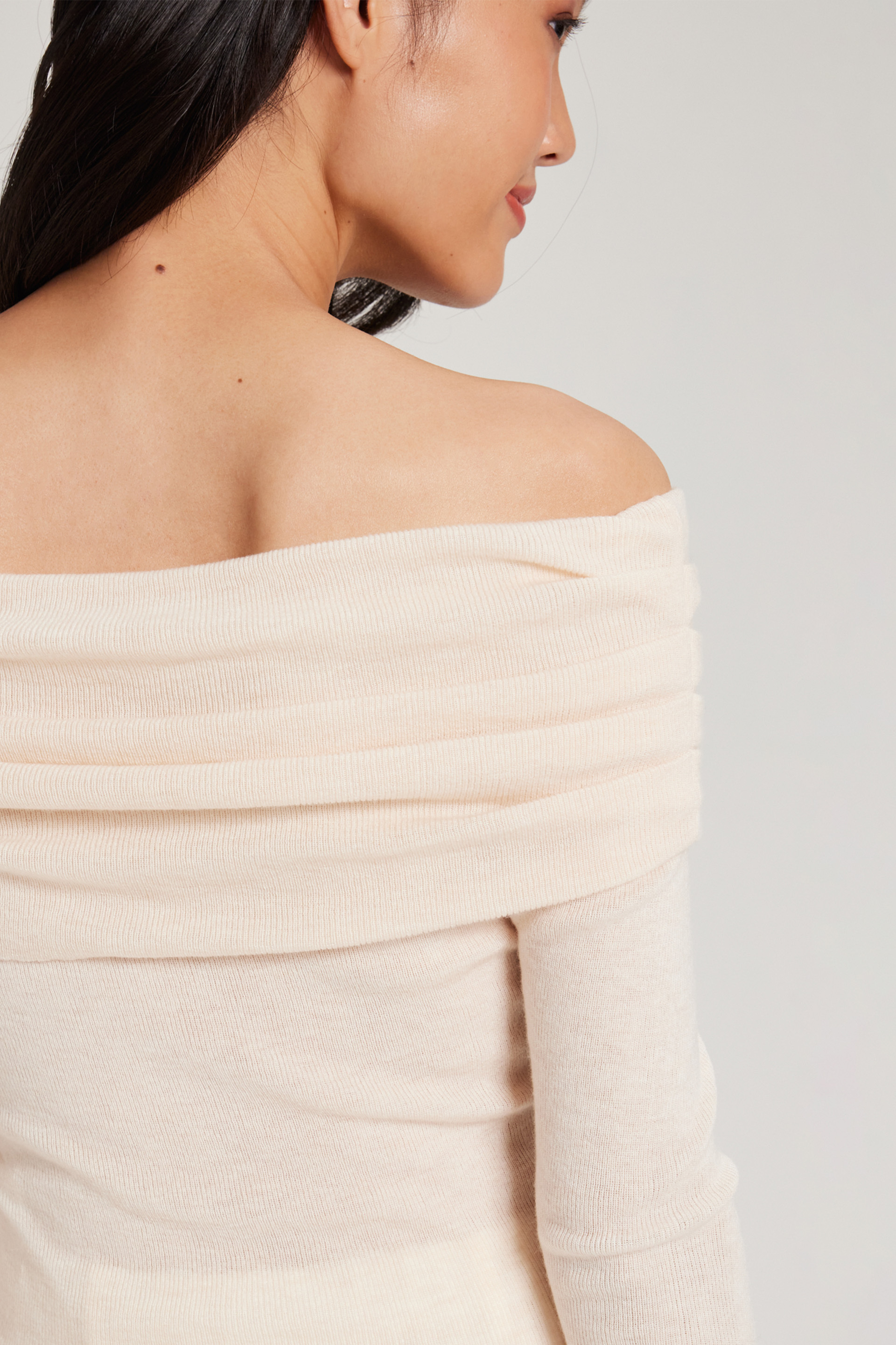 Pleated Off-Shoulder Long-Sleeve Top