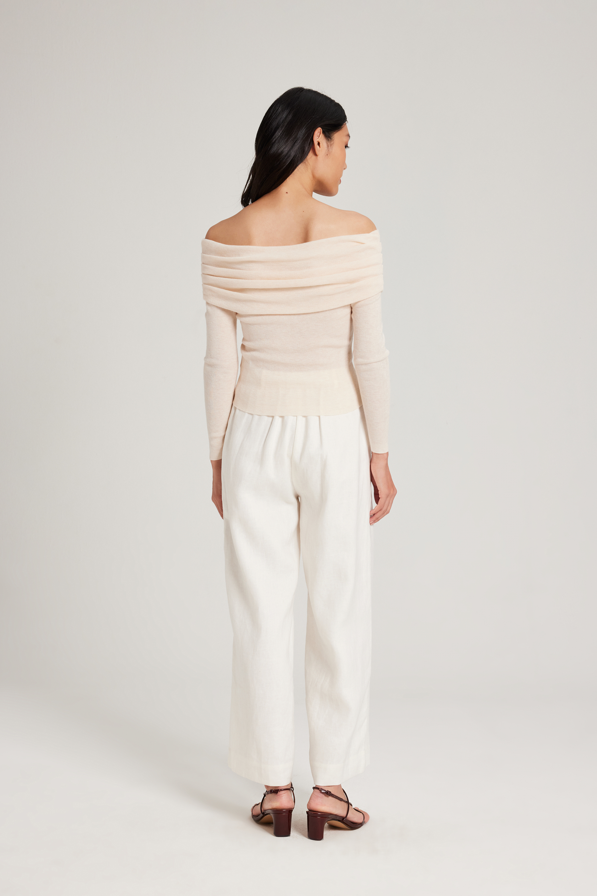 Pleated Off-Shoulder Long-Sleeve Top