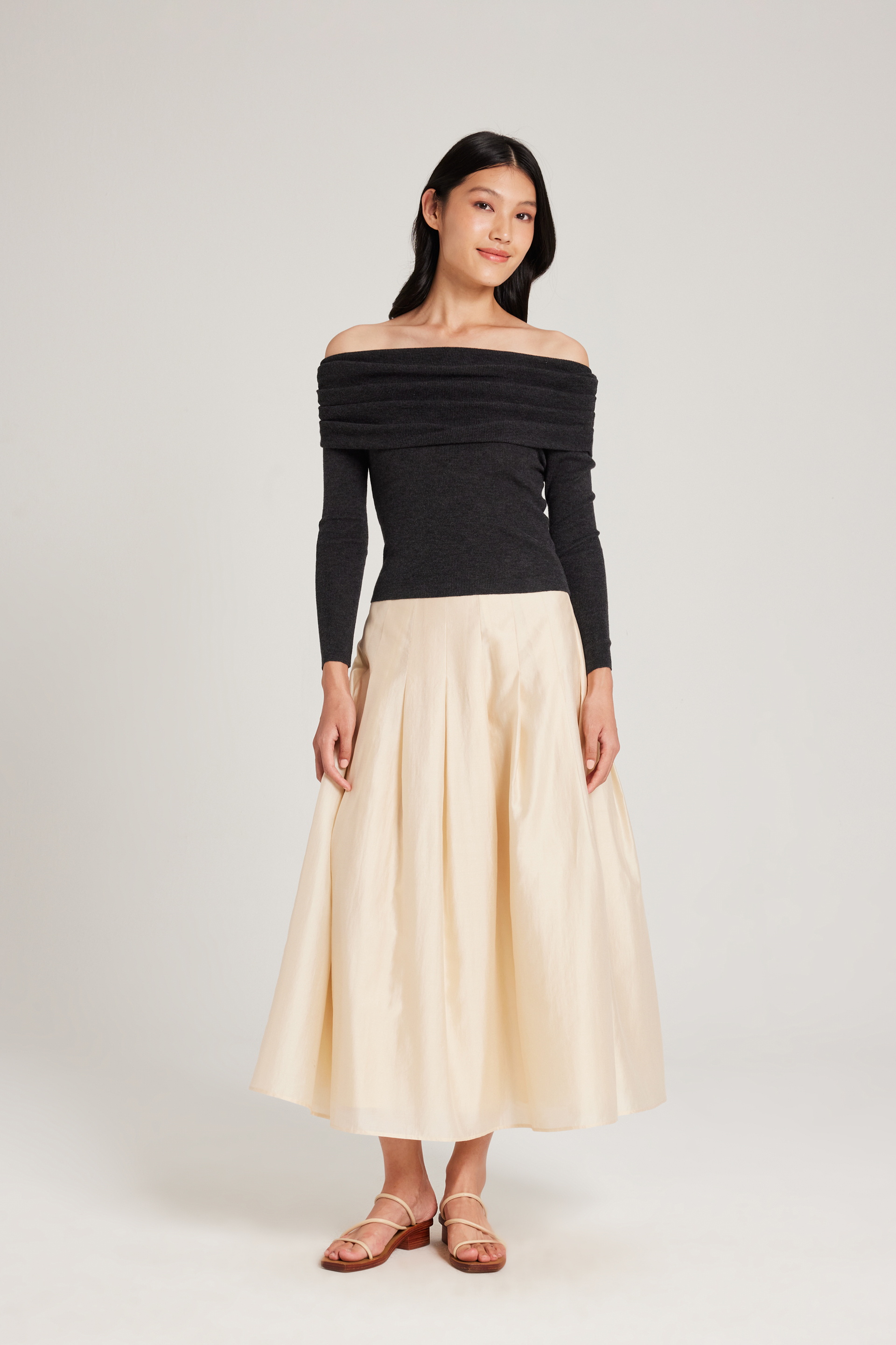 Pleated Off-Shoulder Long-Sleeve Top