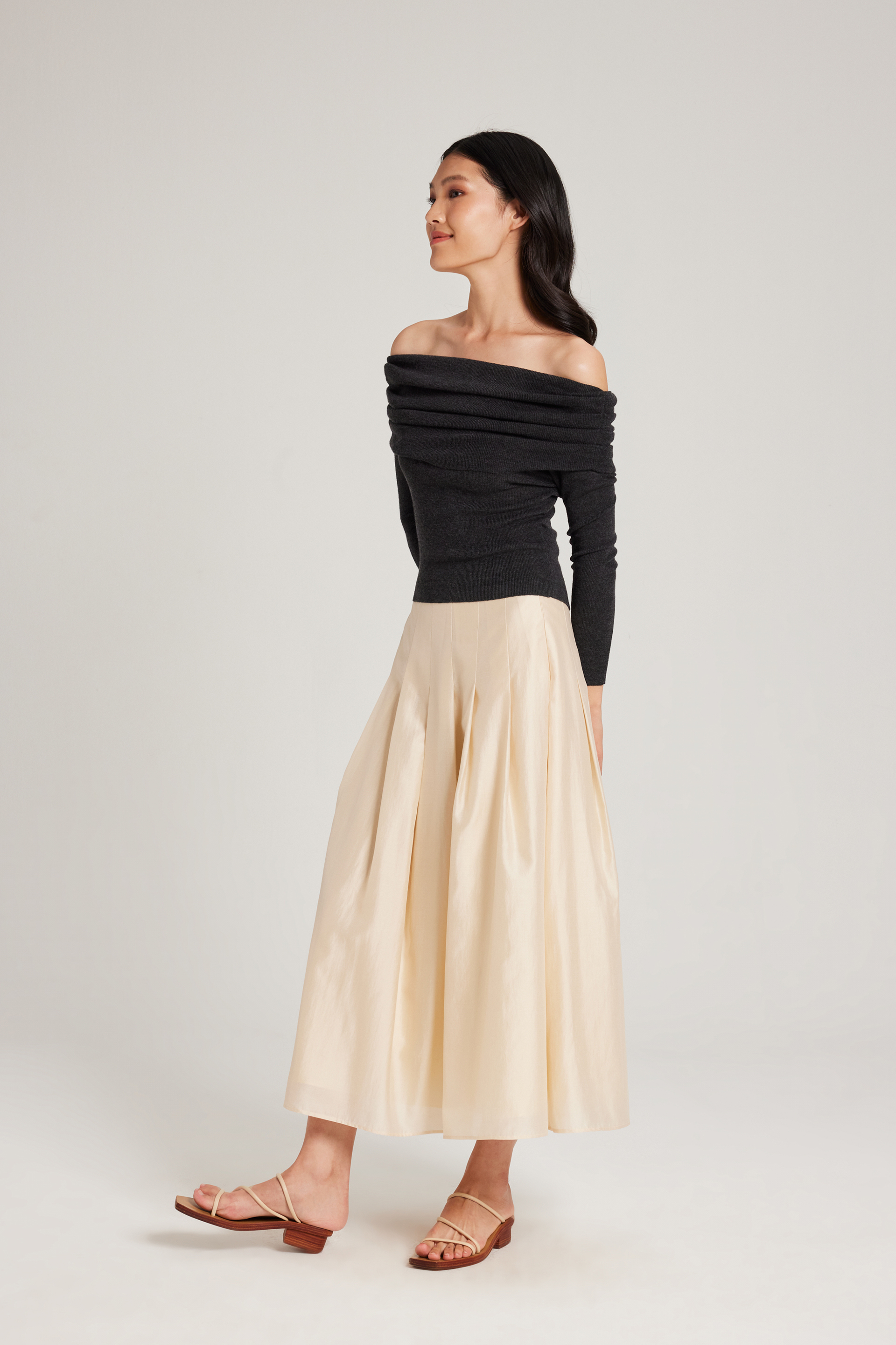 Pleated Off-Shoulder Long-Sleeve Top