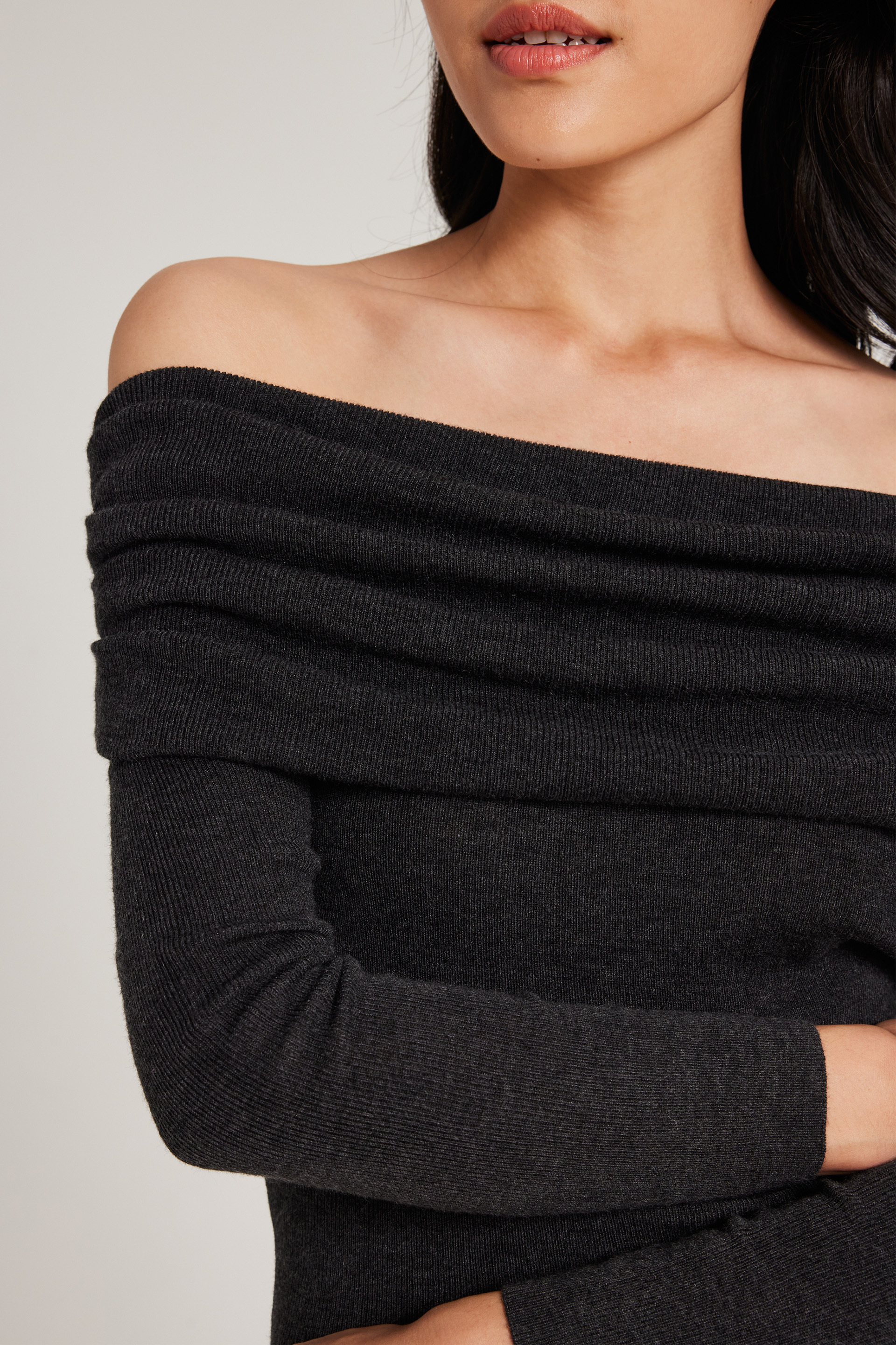 Pleated Off-Shoulder Long-Sleeve Top