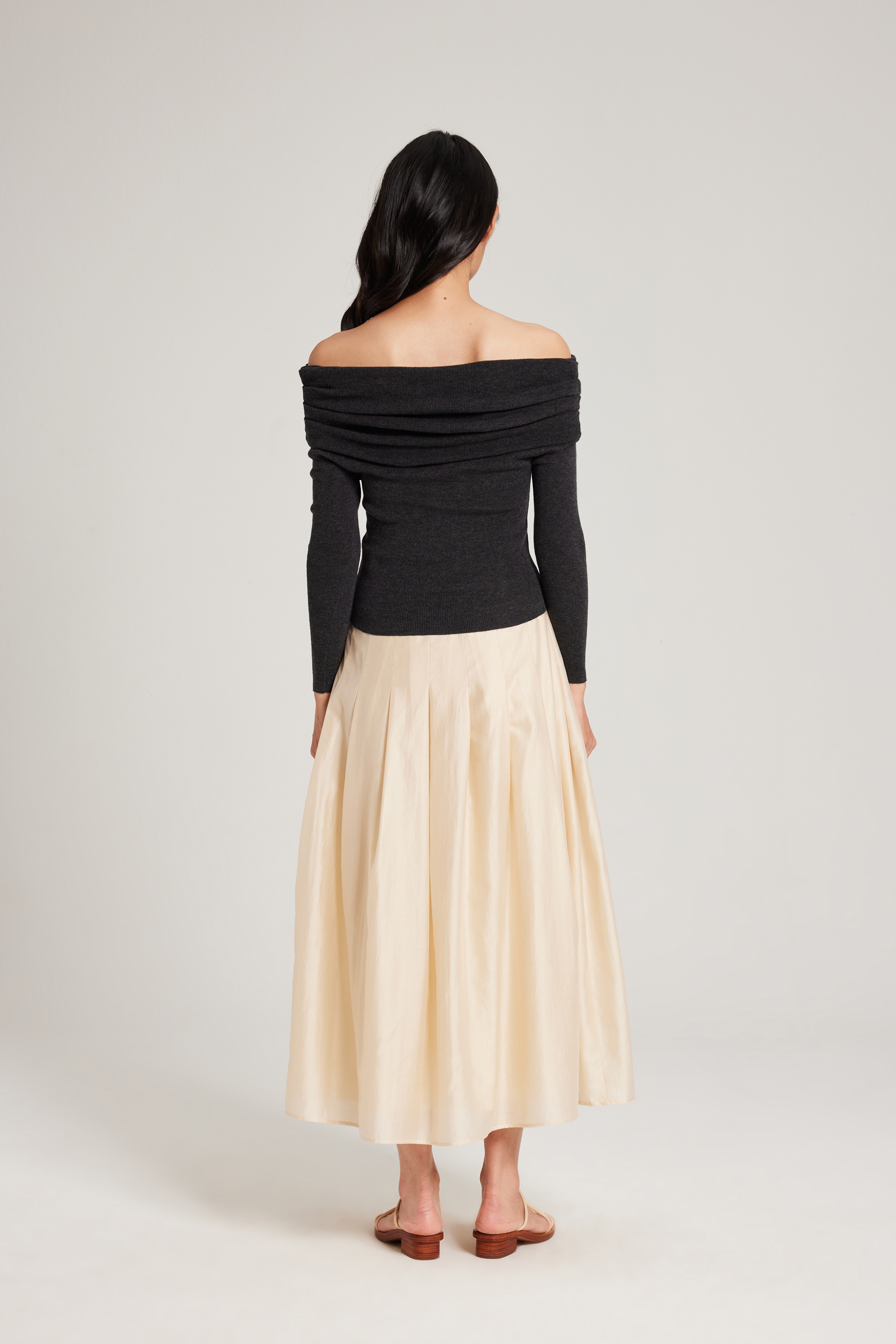 Pleated Off-Shoulder Long-Sleeve Top