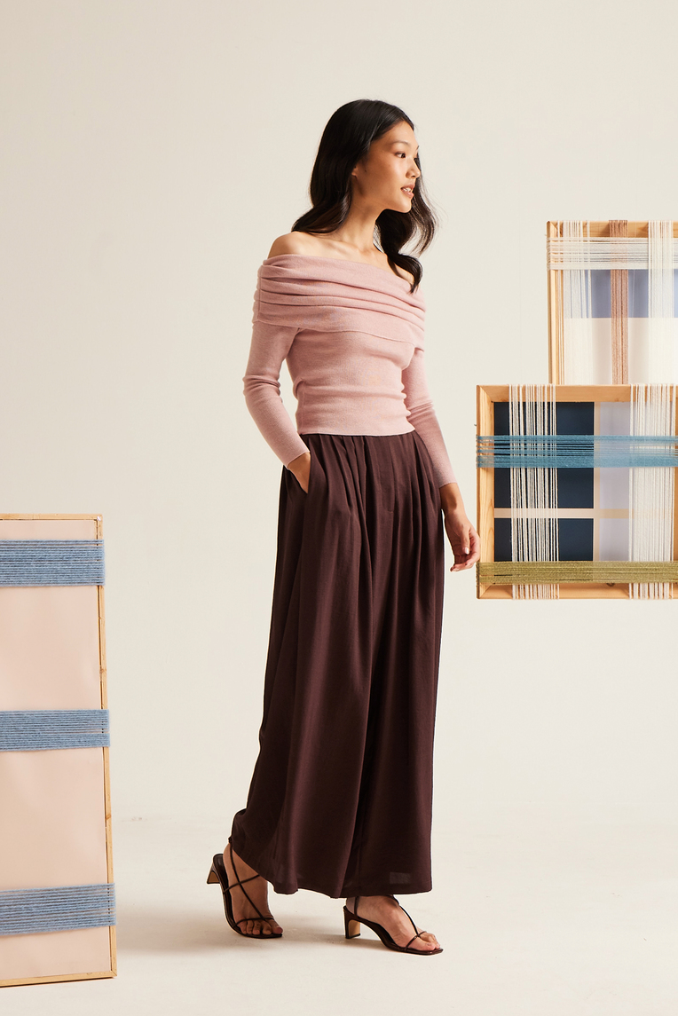 Pleated Off-Shoulder Long-Sleeve Top