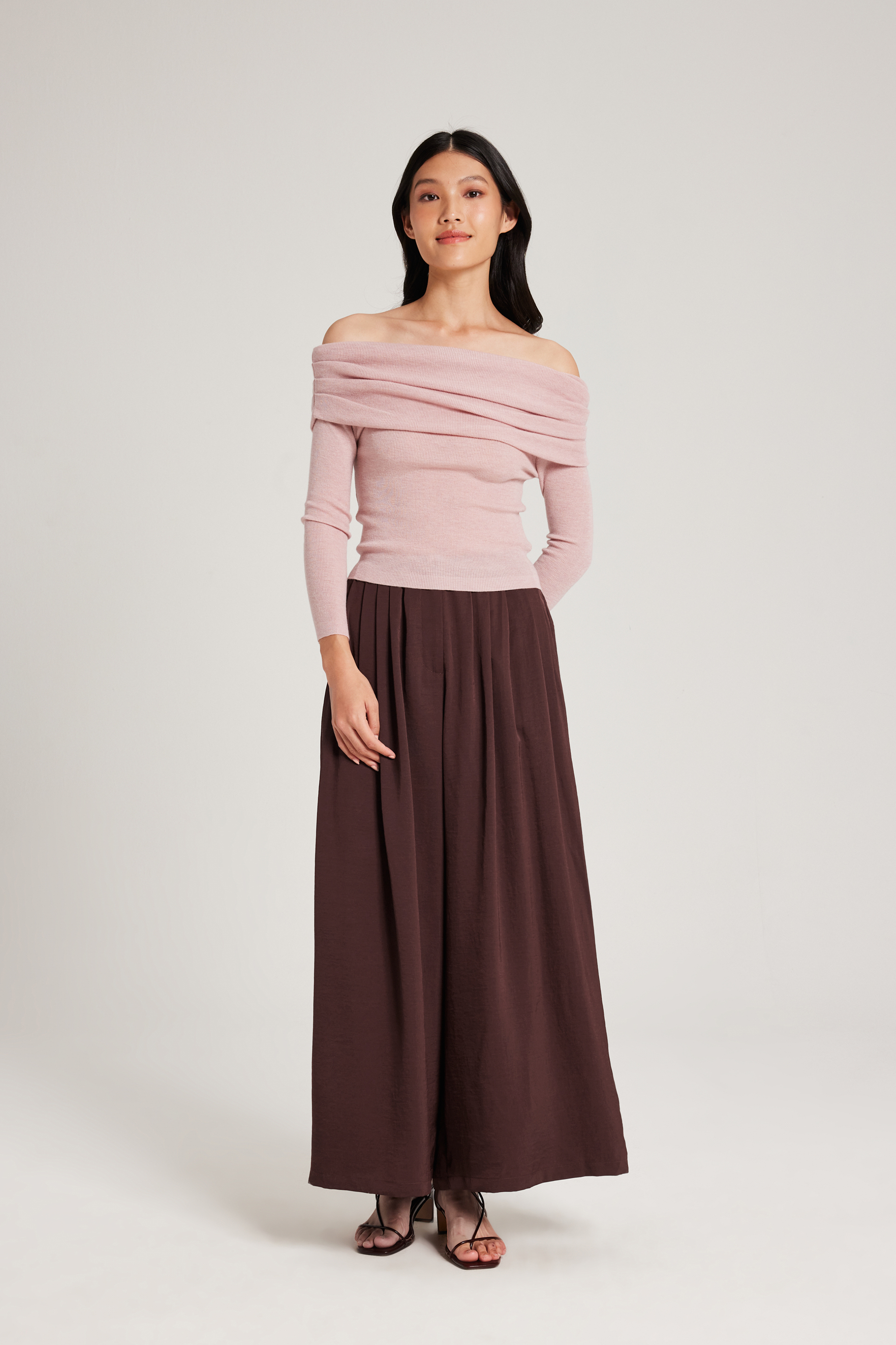 Pleated Off-Shoulder Long-Sleeve Top