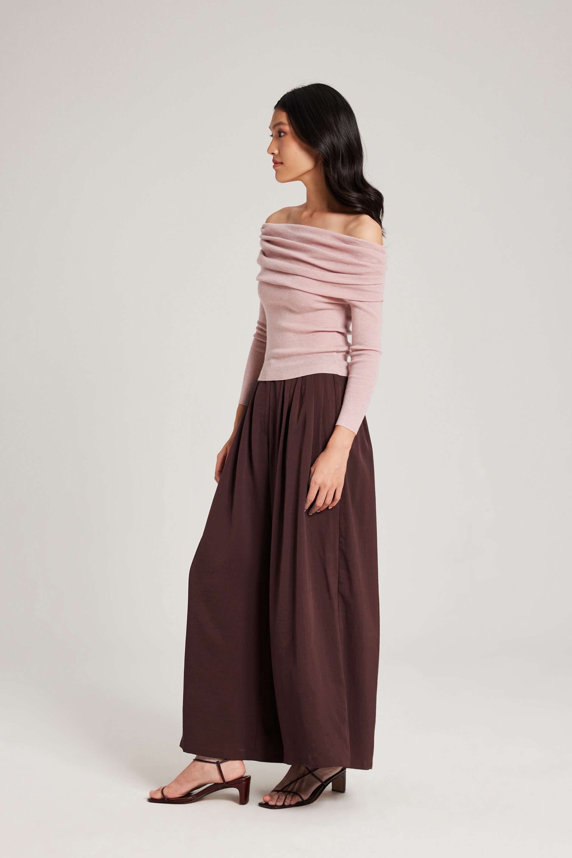 Pleated Off-Shoulder Long-Sleeve Top