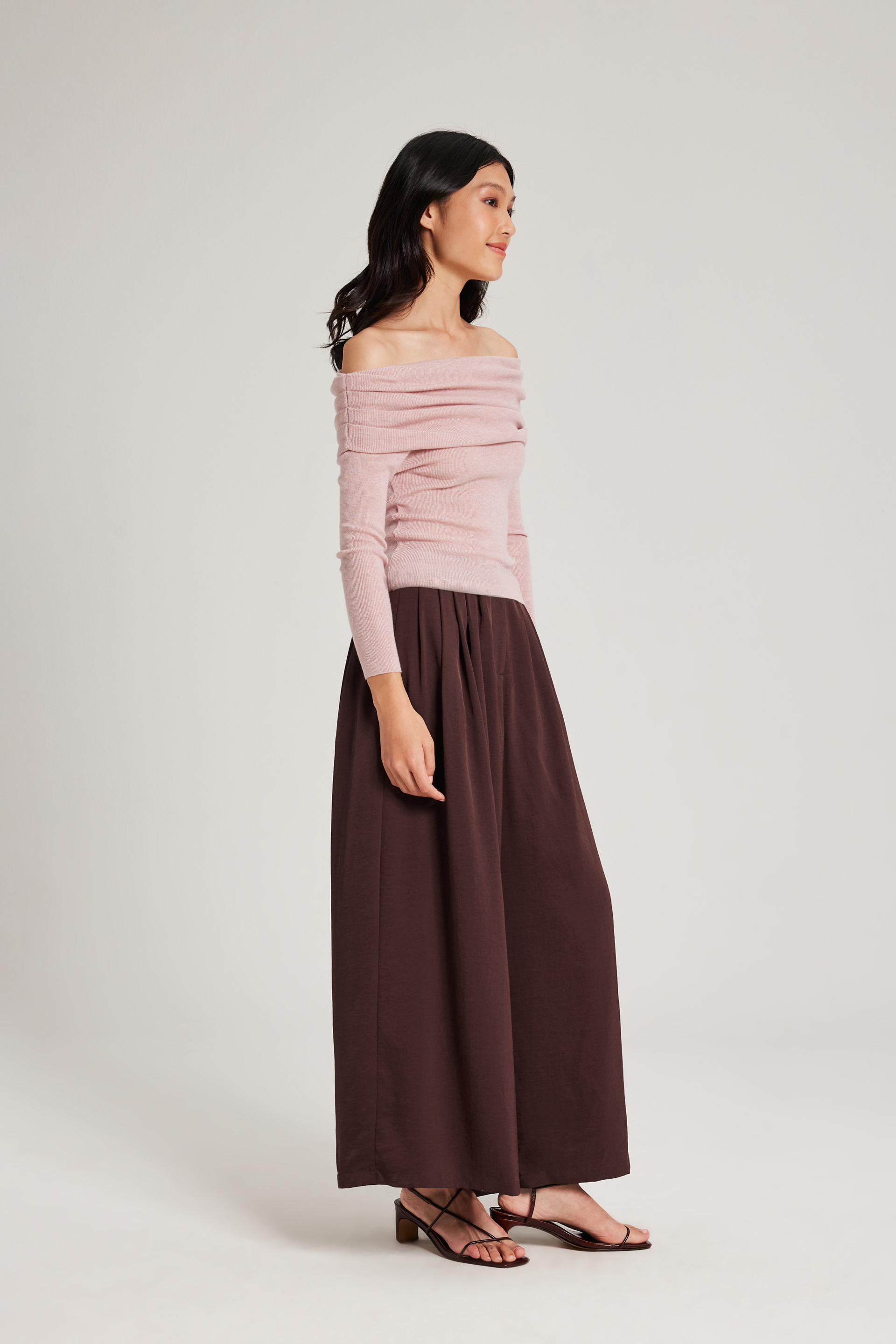 Pleated Off-Shoulder Long-Sleeve Top