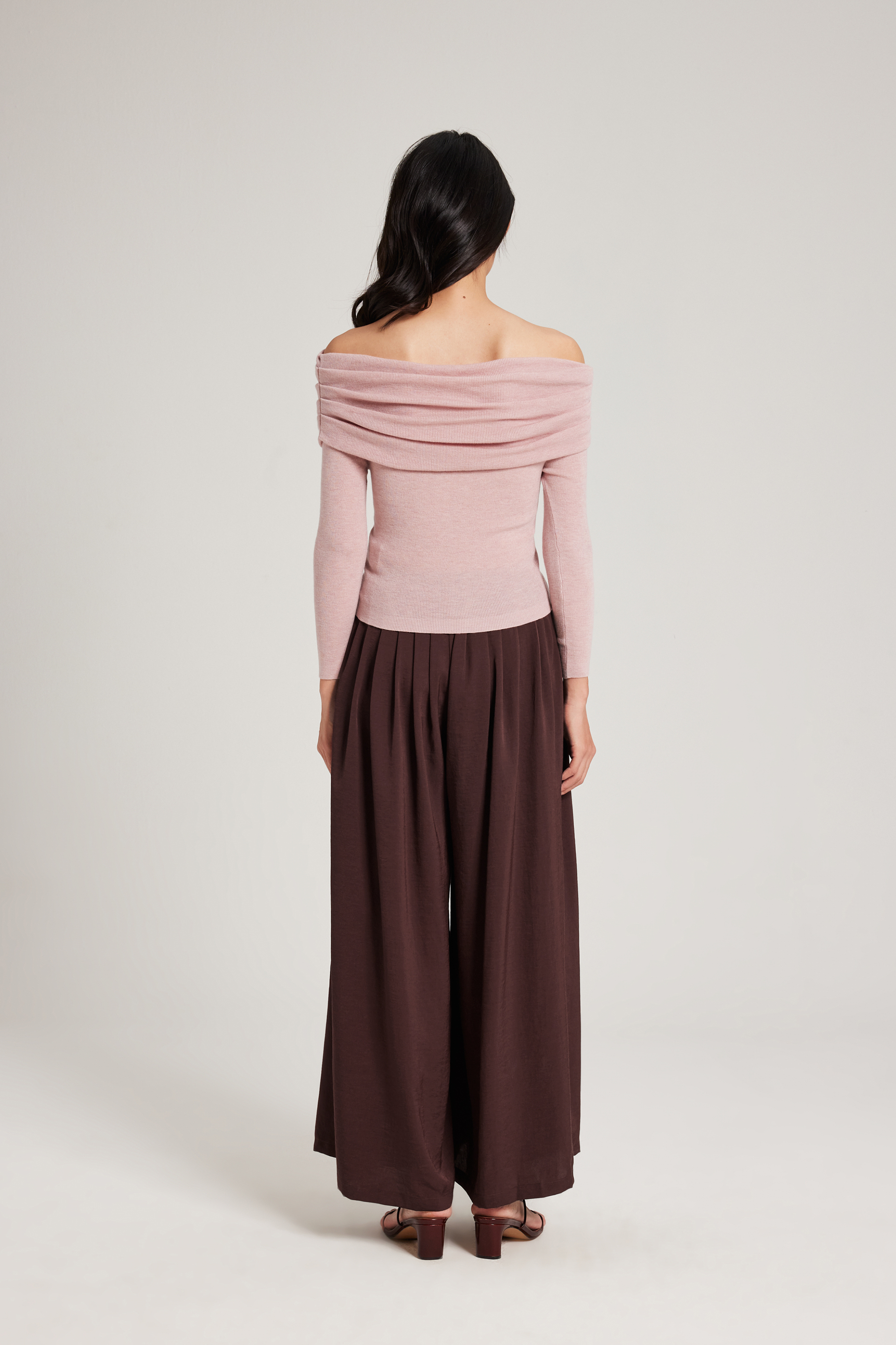 Pleated Off-Shoulder Long-Sleeve Top