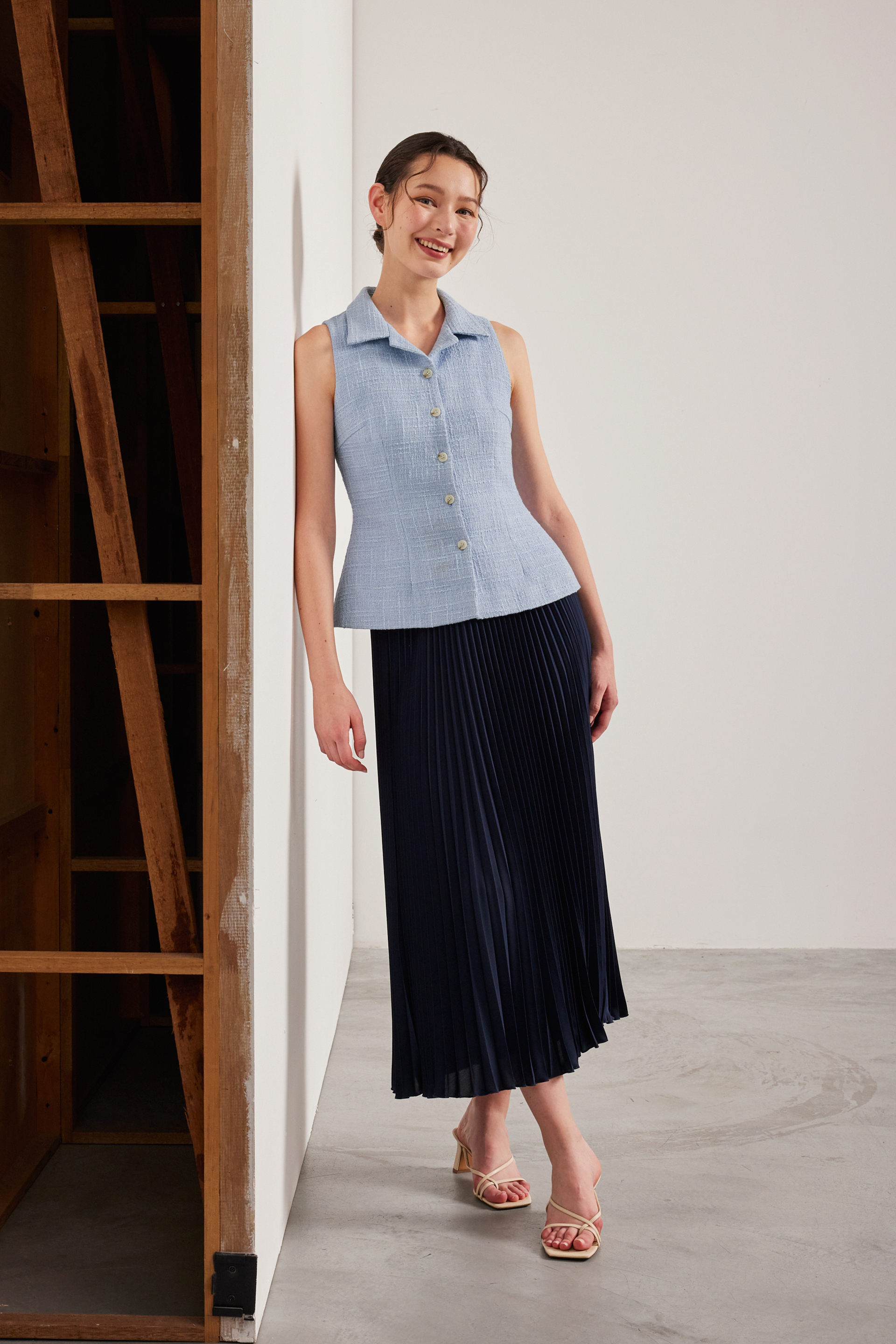 Belted Tweed Collared Top