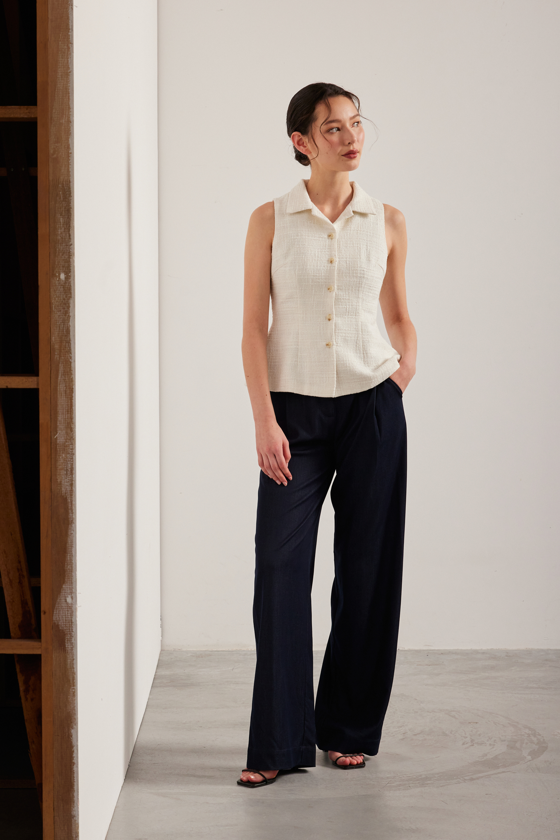 Belted Tweed Collared Top