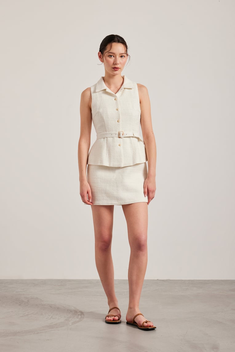 Belted Tweed Collared Top