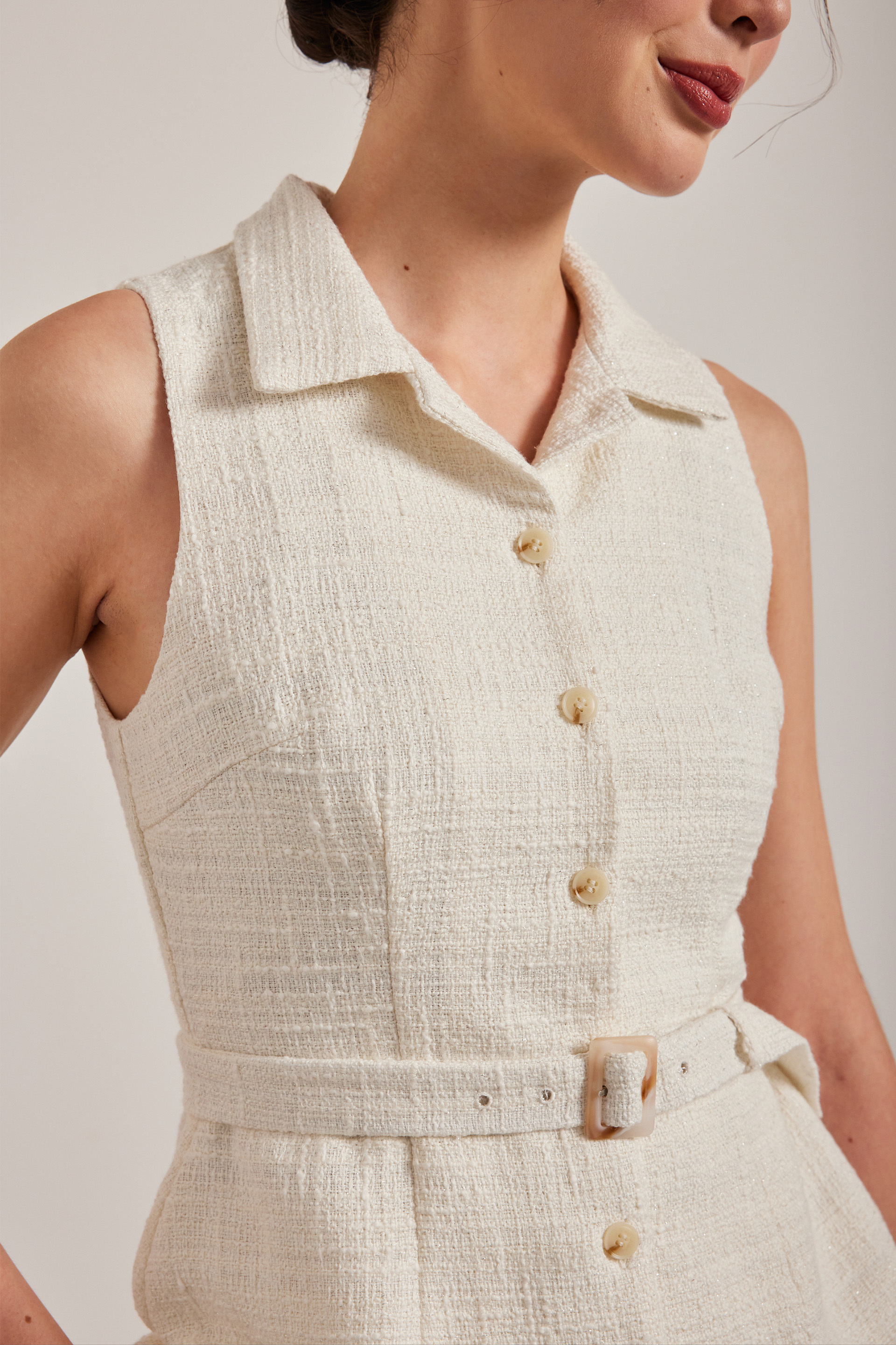 Belted Tweed Collared Top