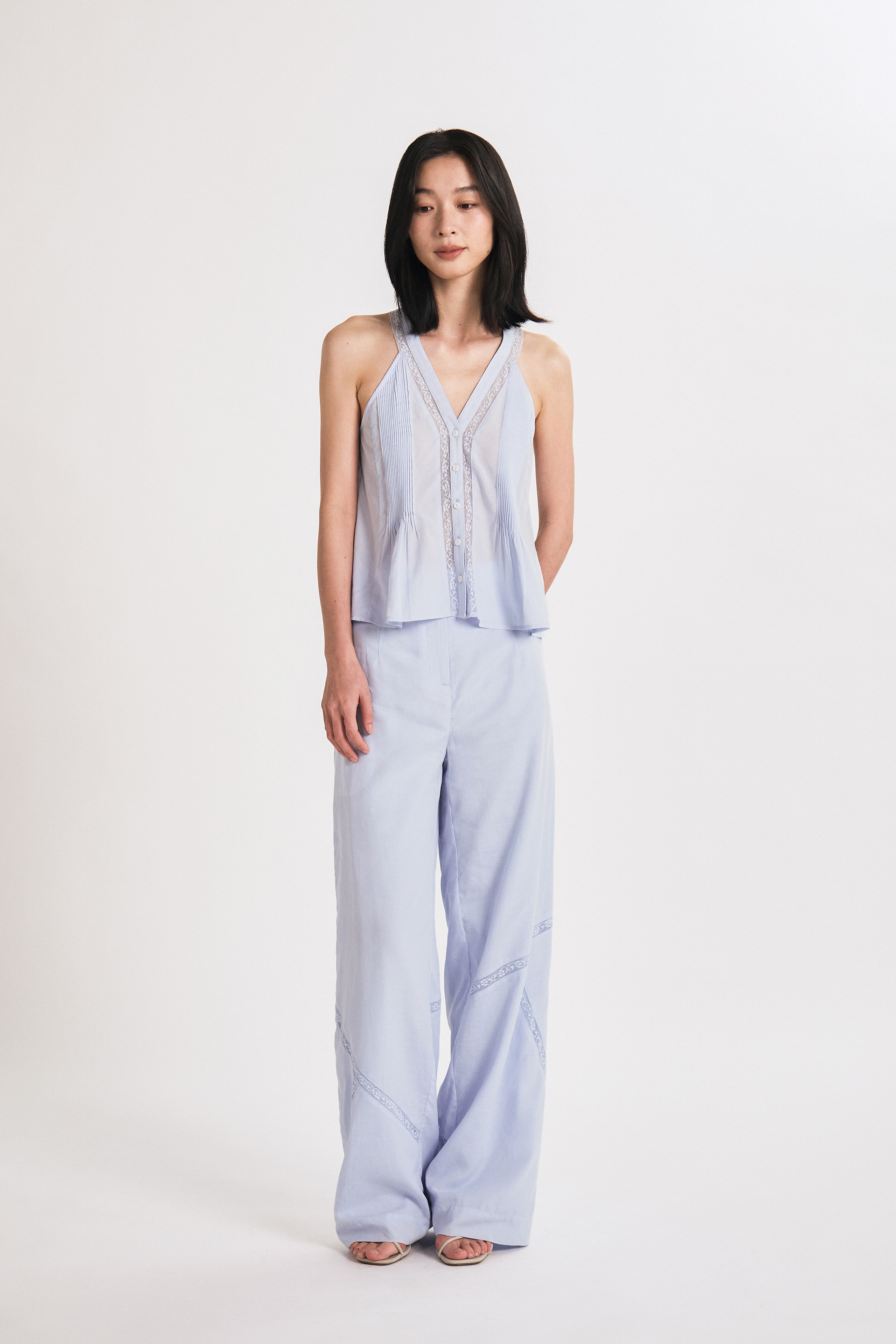 Pintuck Lace-Trim Halter Top