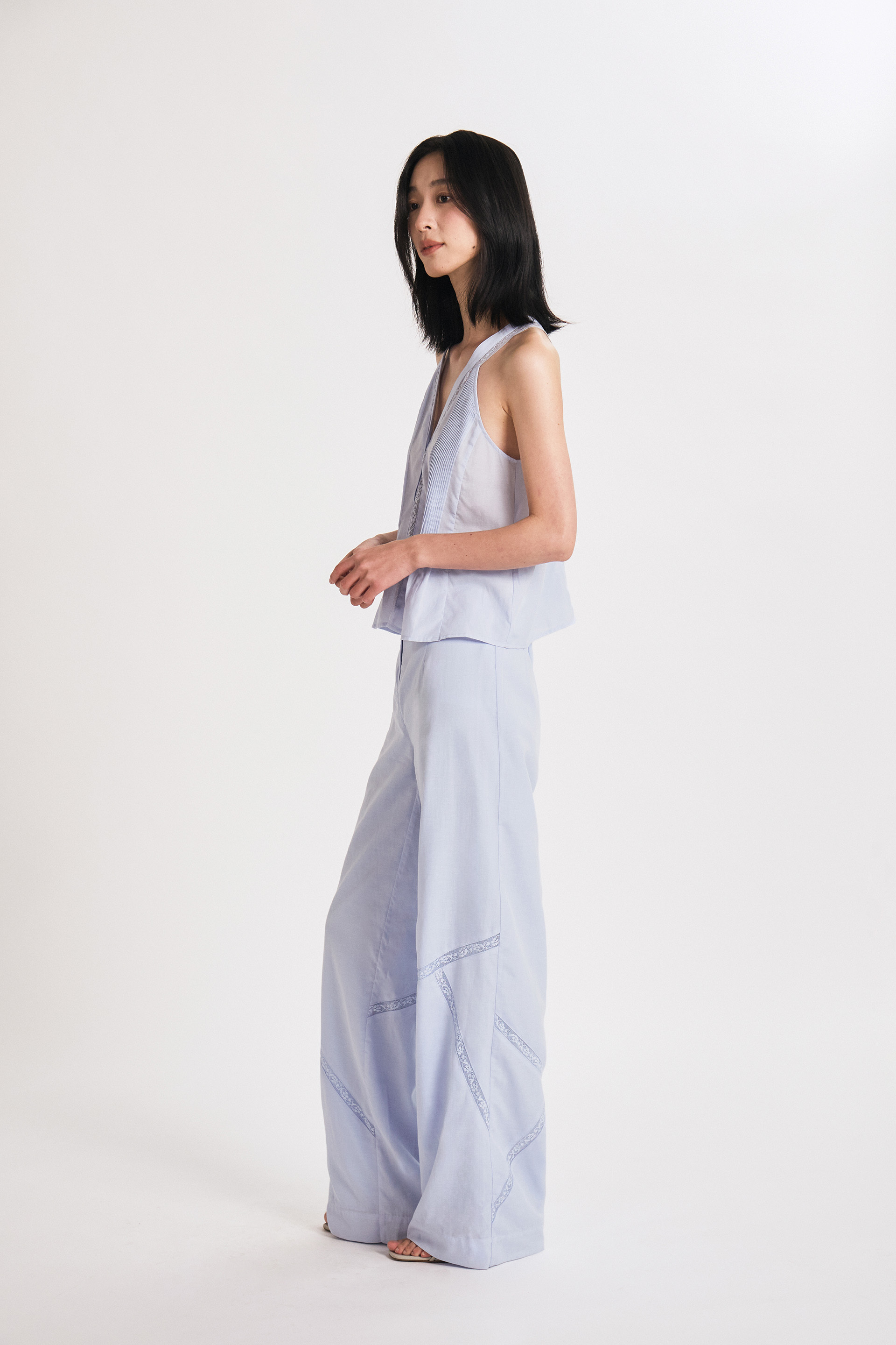 Pintuck Lace-Trim Halter Top