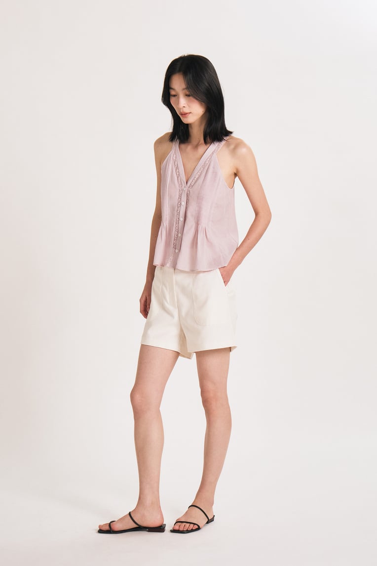 Pintuck Lace-Trim Halter Top