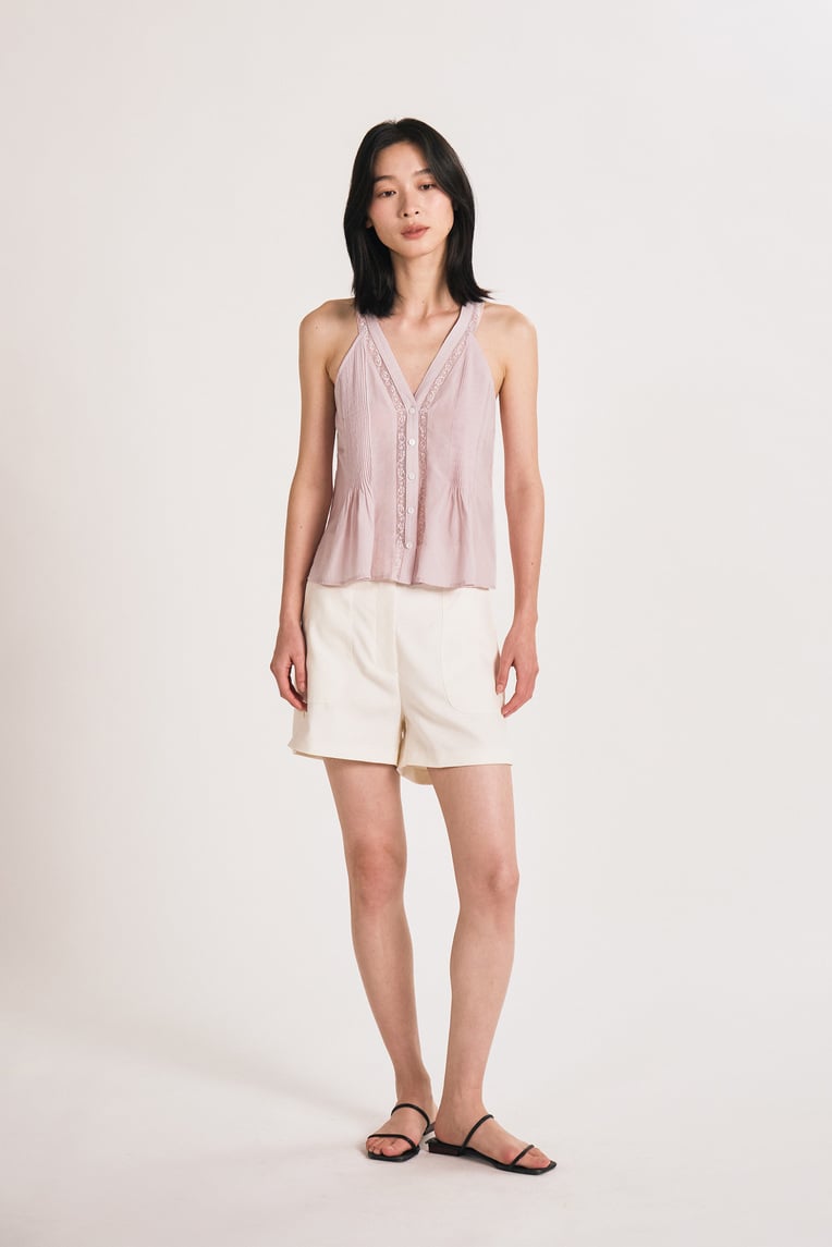 Pintuck Lace-Trim Halter Top