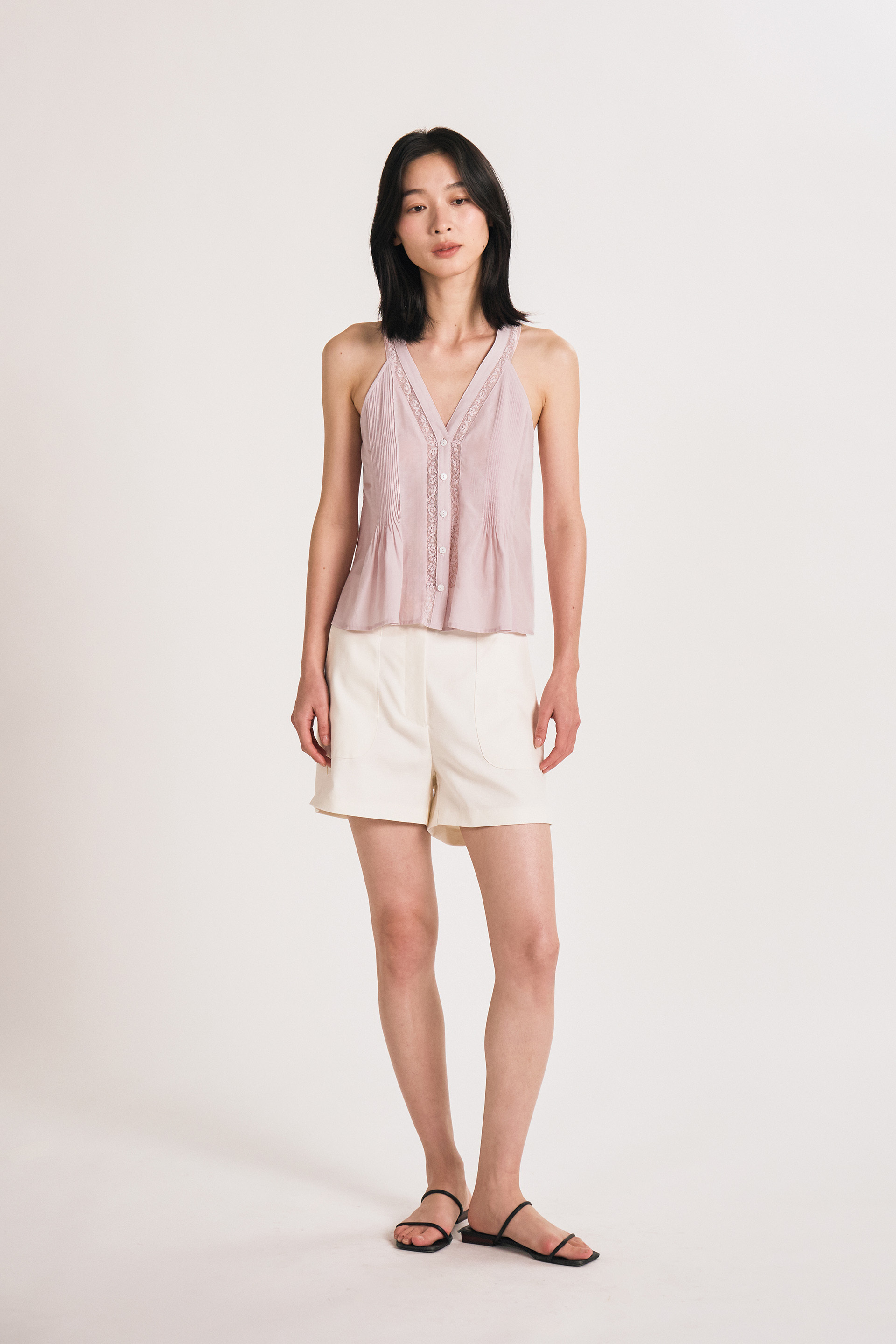 Pintuck Lace-Trim Halter Top