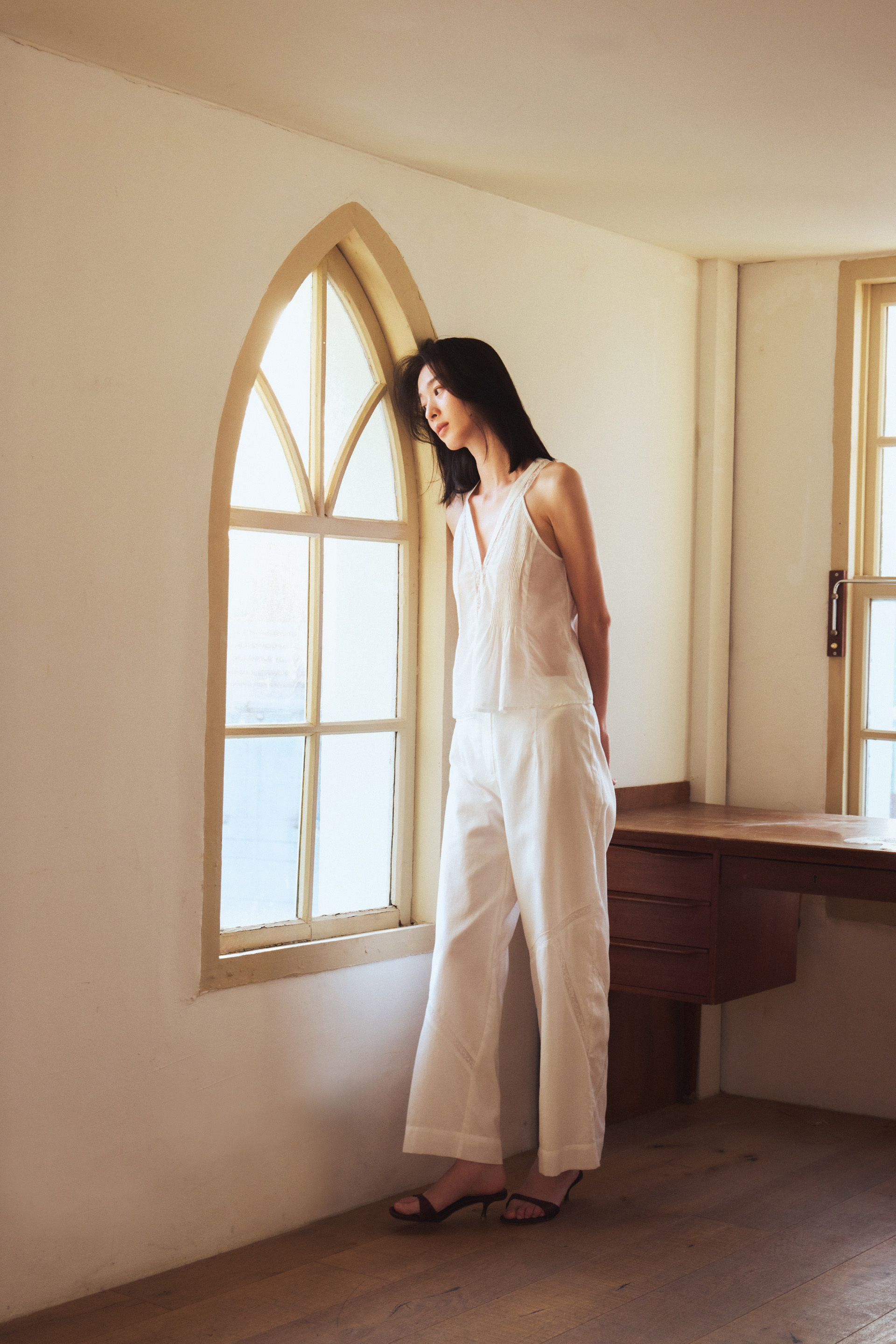 Pintuck Lace-Trim Halter Top