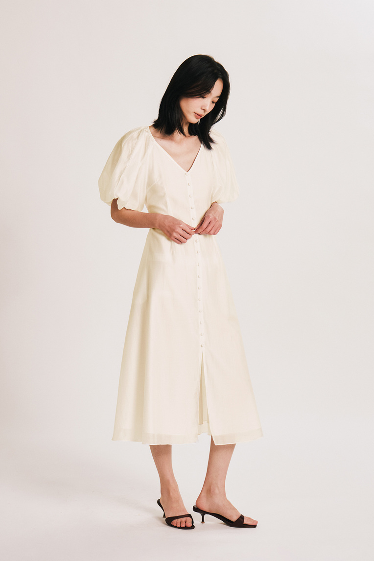 Lyocell Puff-Sleeve Midi Dress