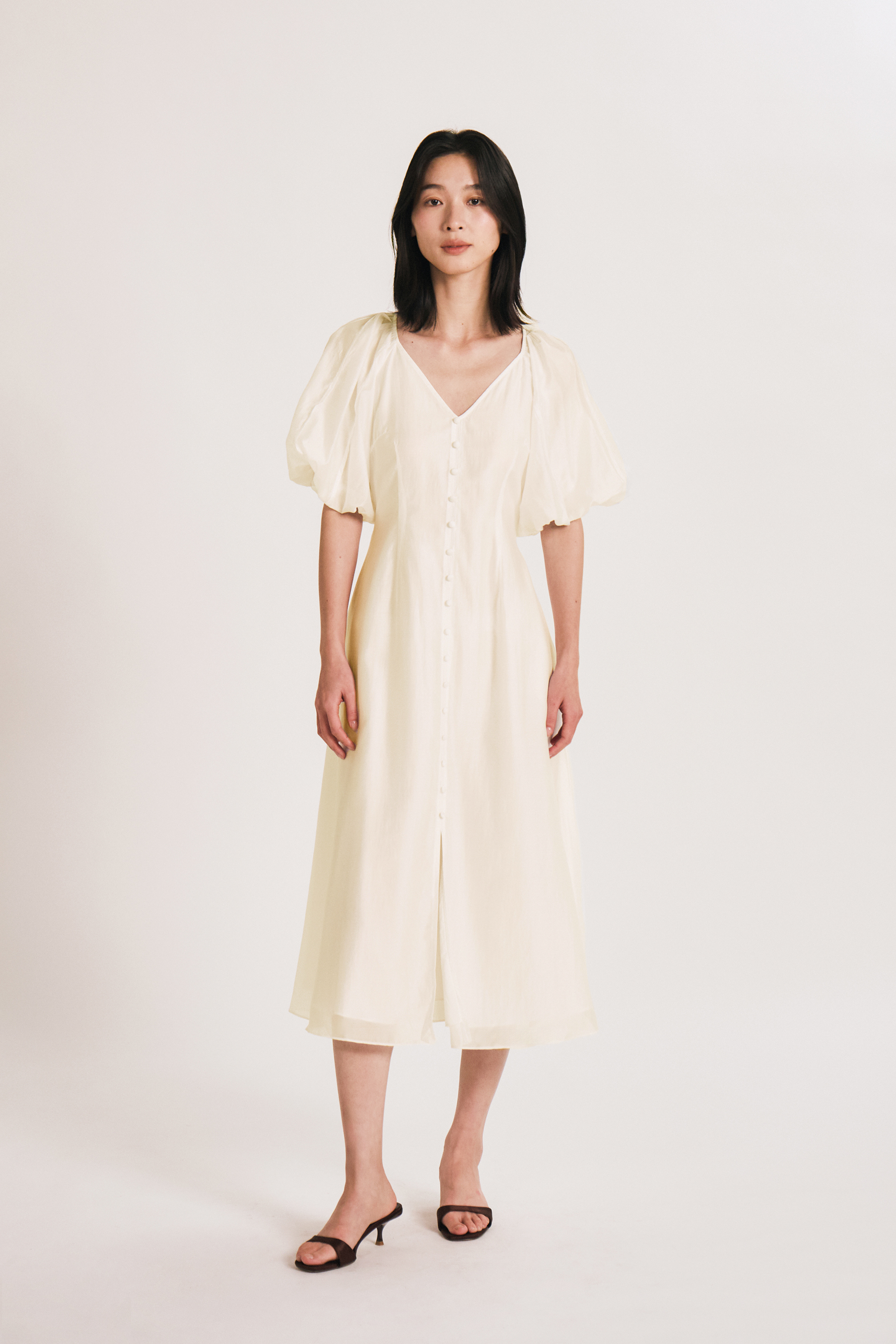 Lyocell Puff-Sleeve Midi Dress