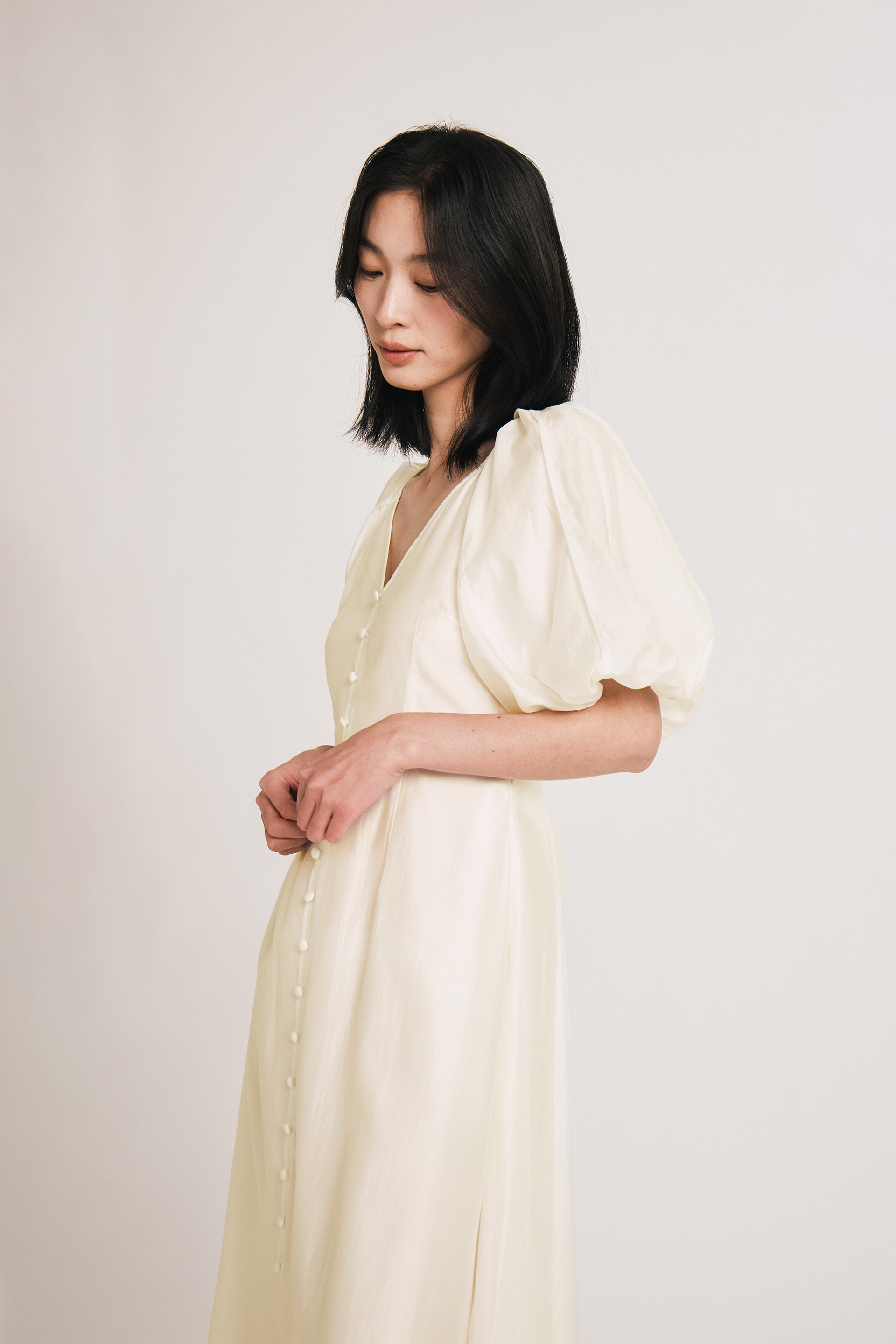 Lyocell Puff-Sleeve Midi Dress