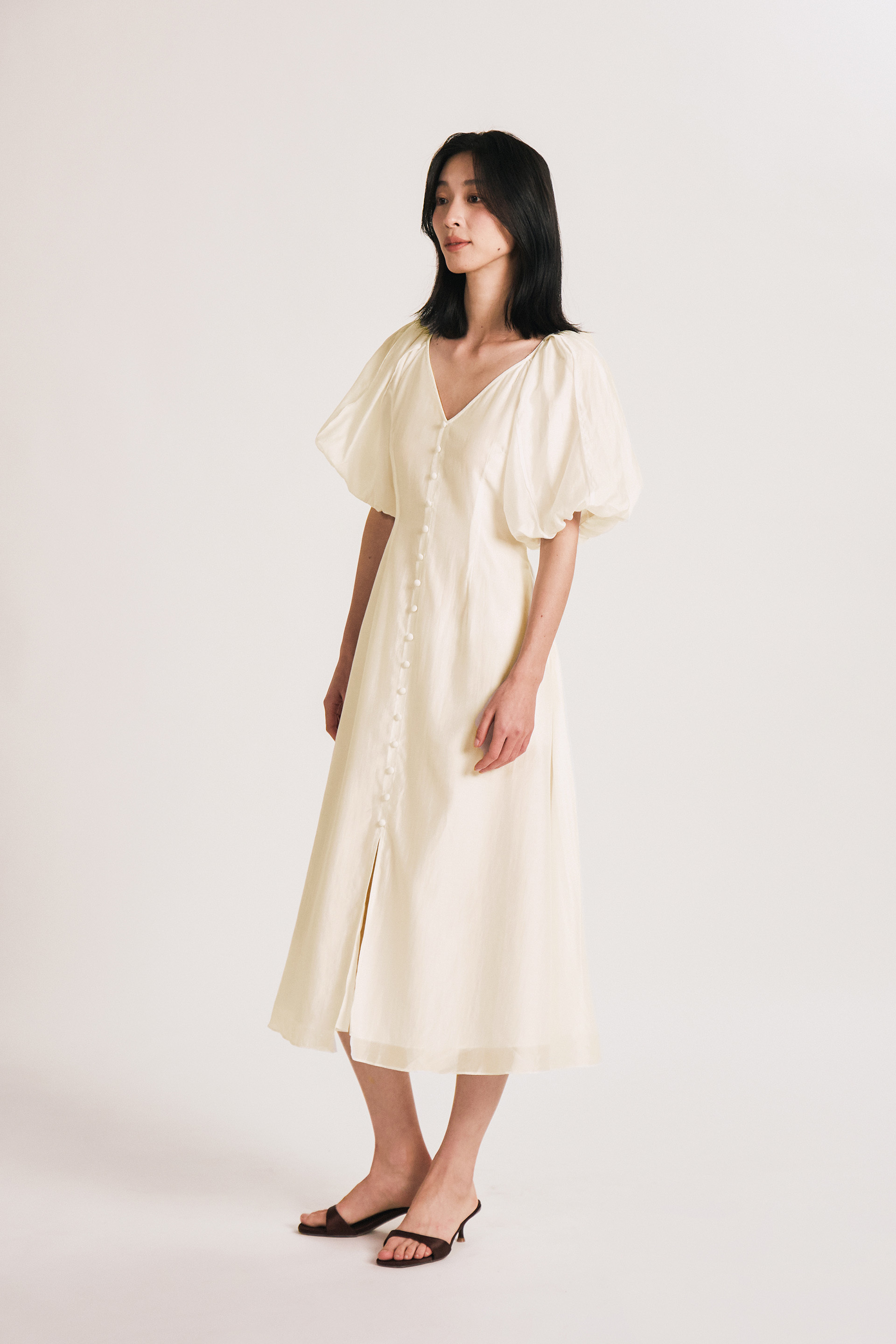 Lyocell Puff-Sleeve Midi Dress