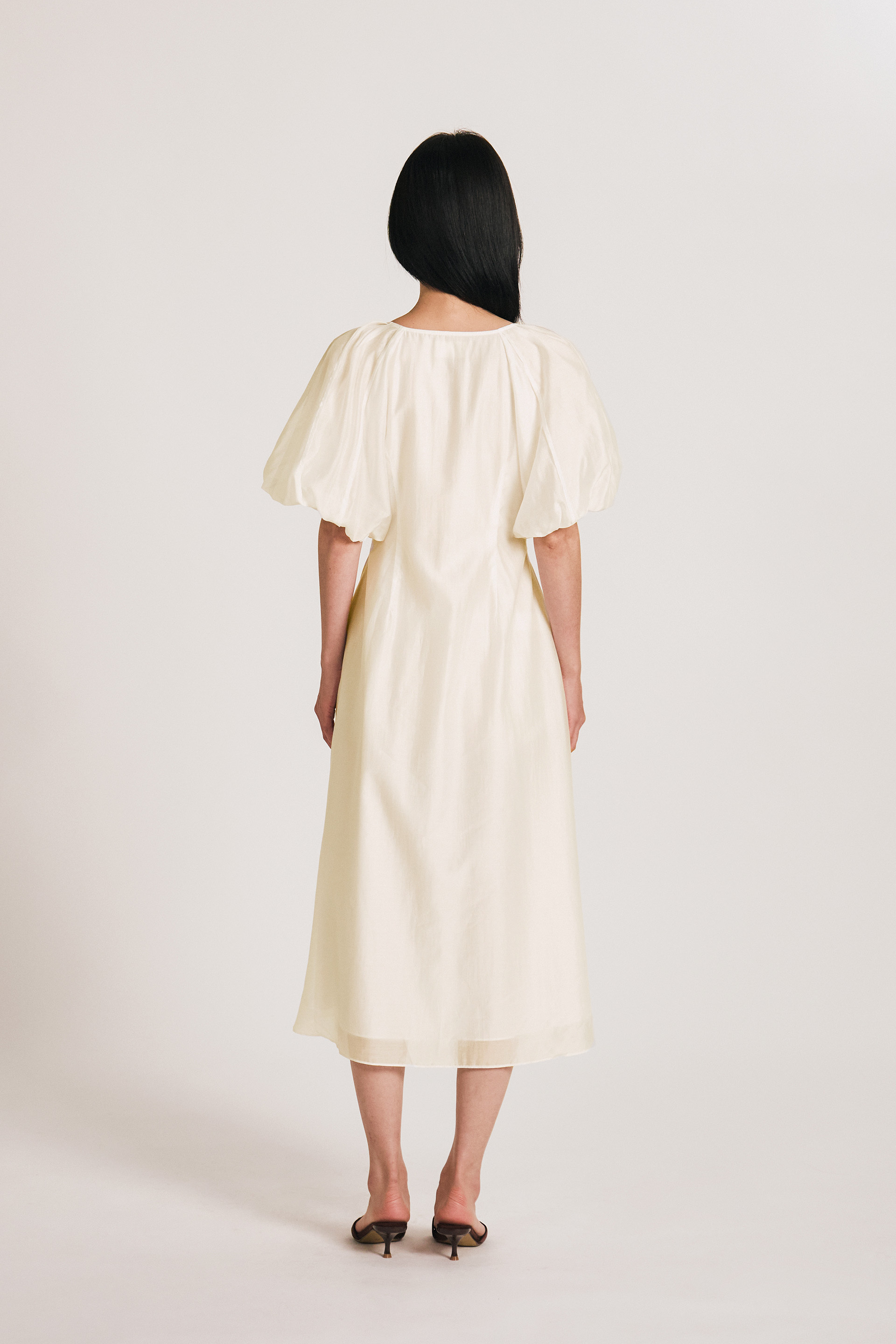 Lyocell Puff-Sleeve Midi Dress