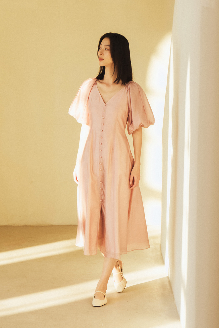 Lyocell Puff-Sleeve Midi Dress