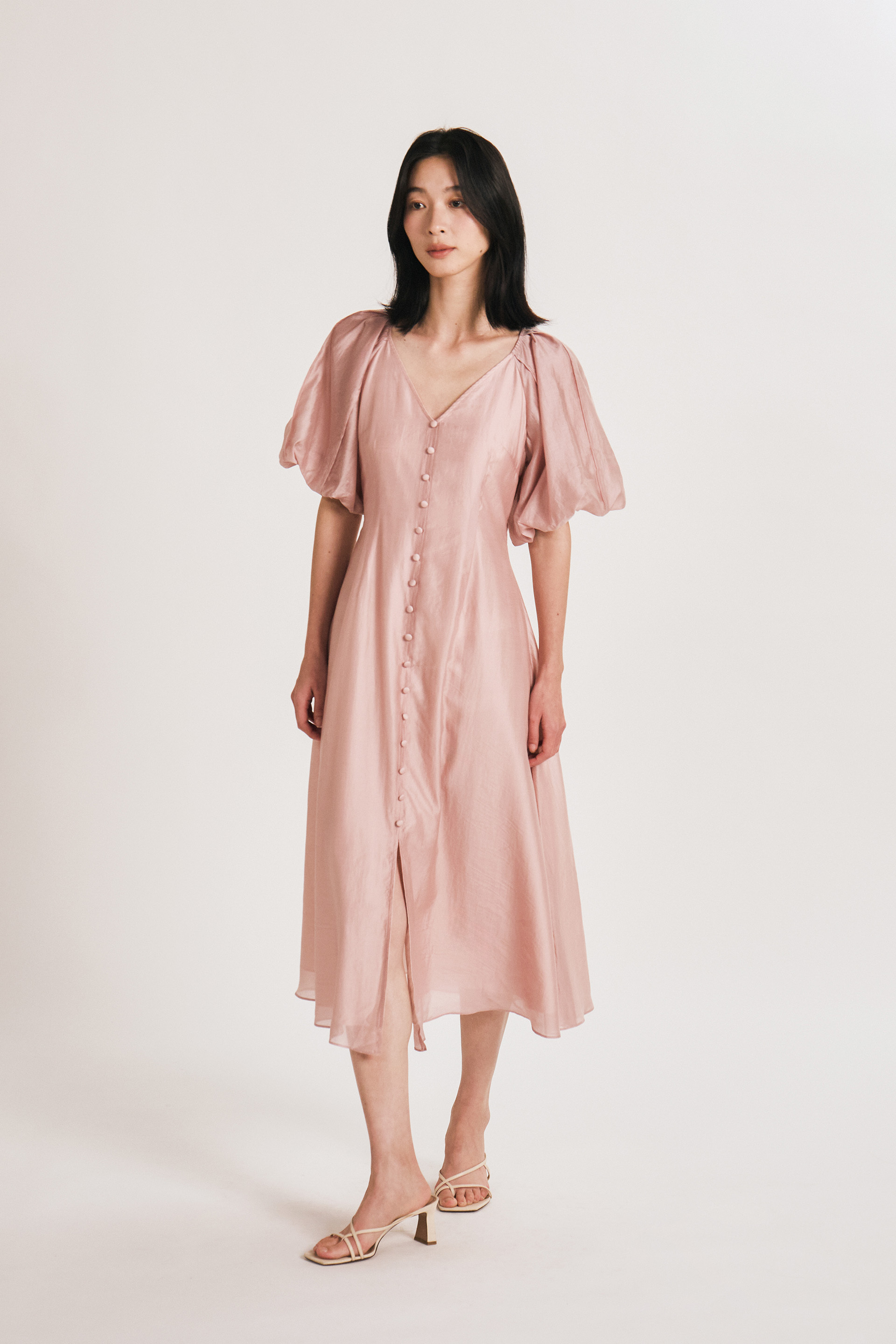 Lyocell Puff-Sleeve Midi Dress