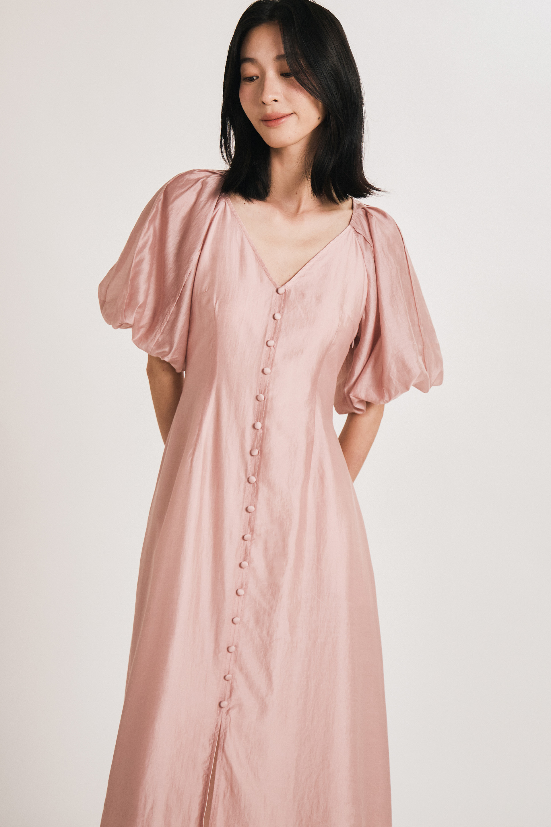 Lyocell Puff-Sleeve Midi Dress