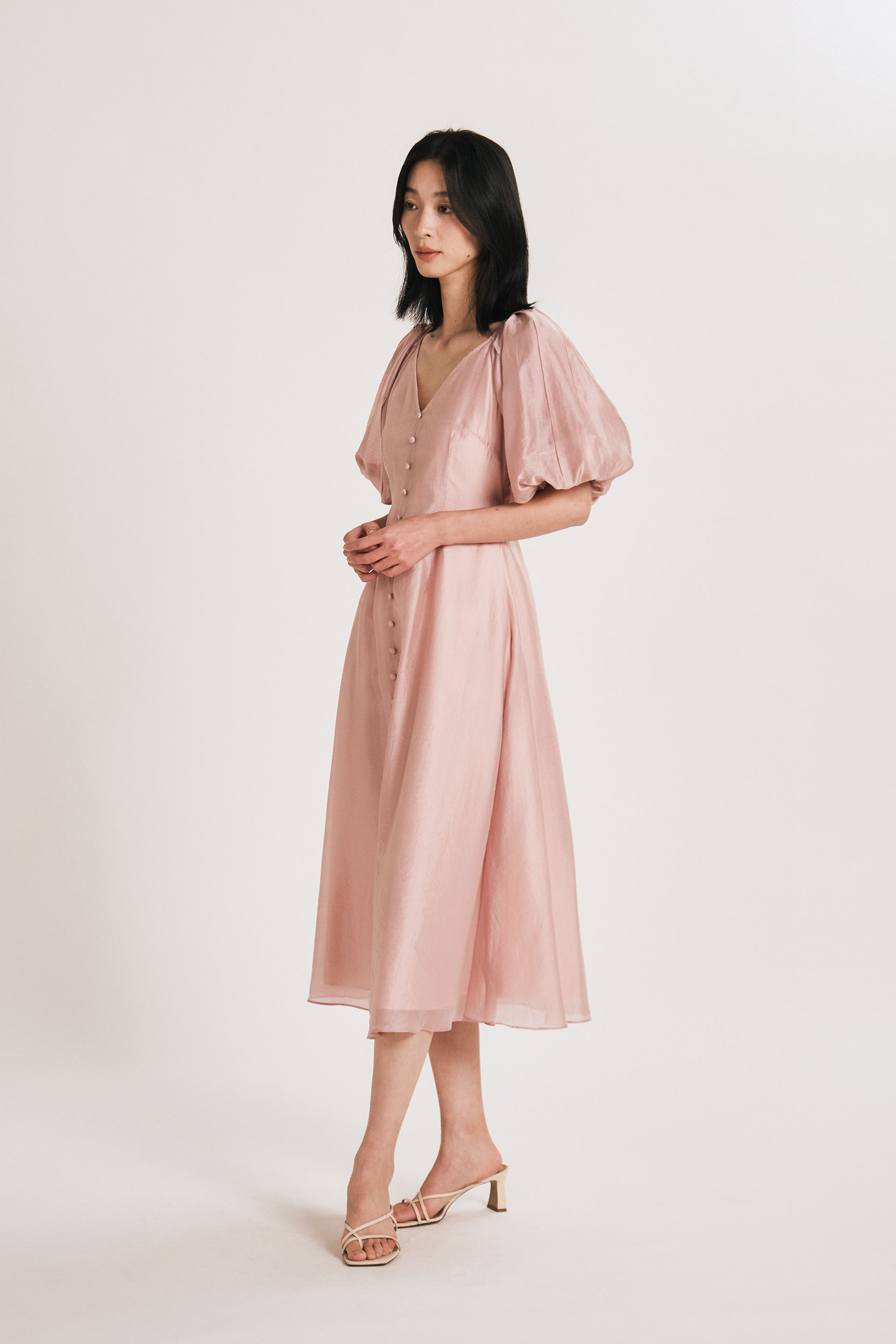 Lyocell Puff-Sleeve Midi Dress