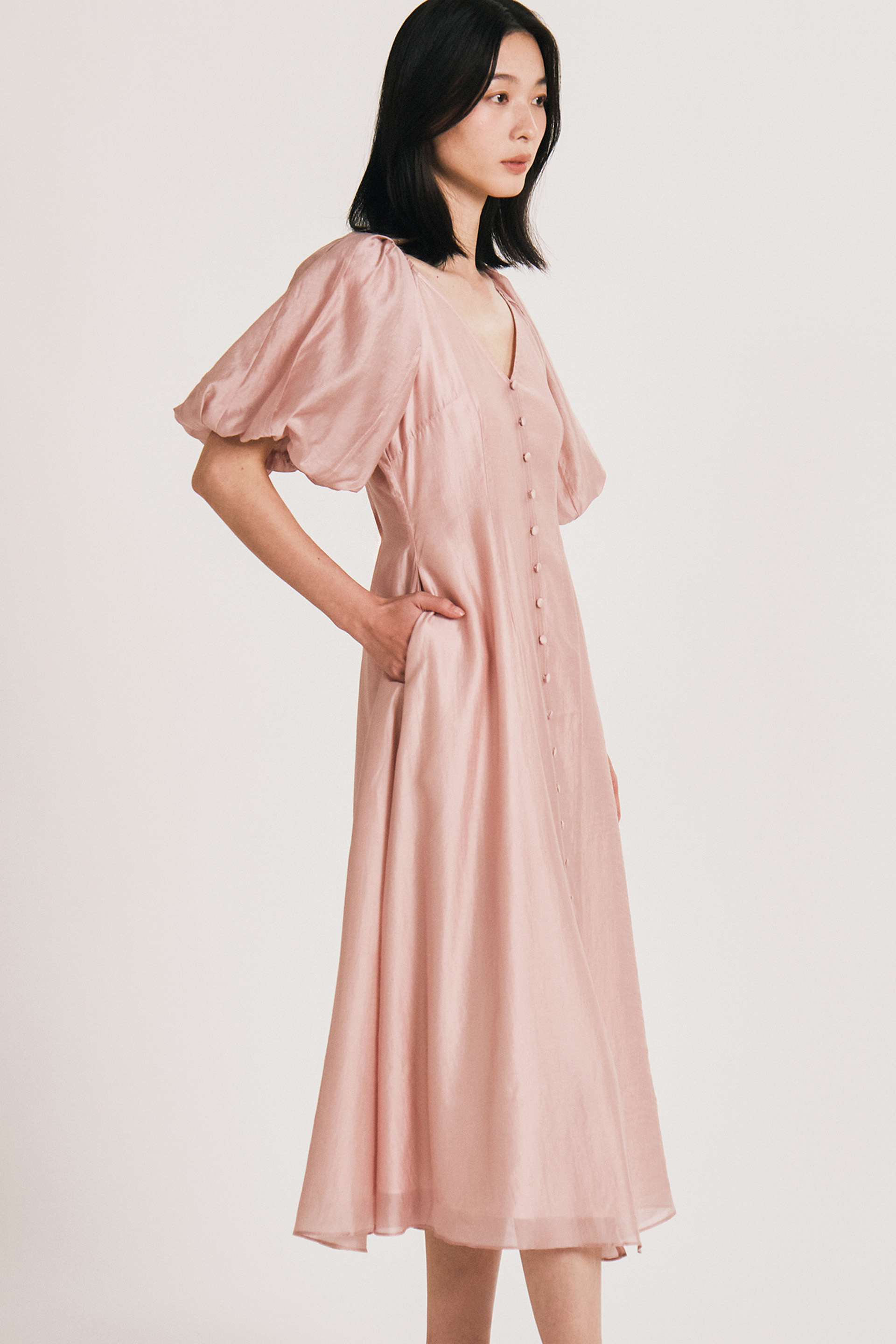 Lyocell Puff-Sleeve Midi Dress