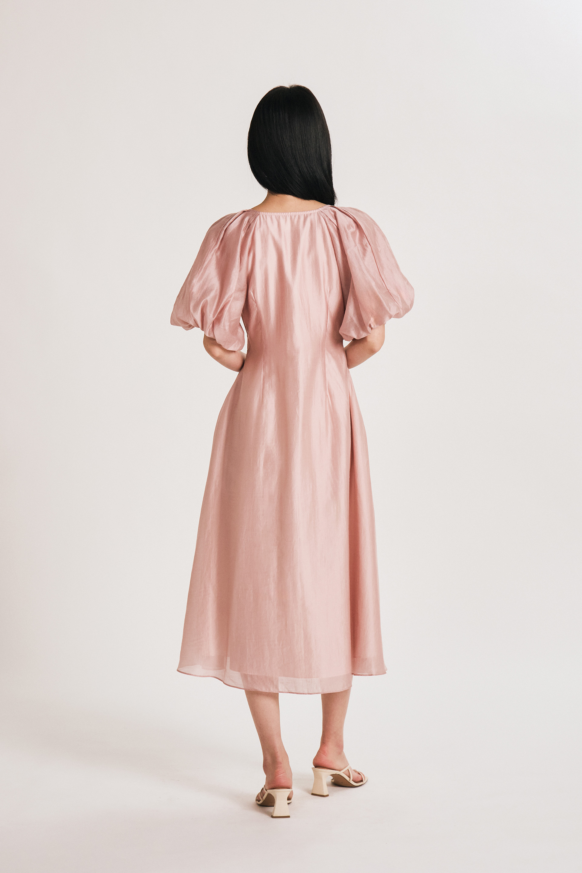 Lyocell Puff-Sleeve Midi Dress