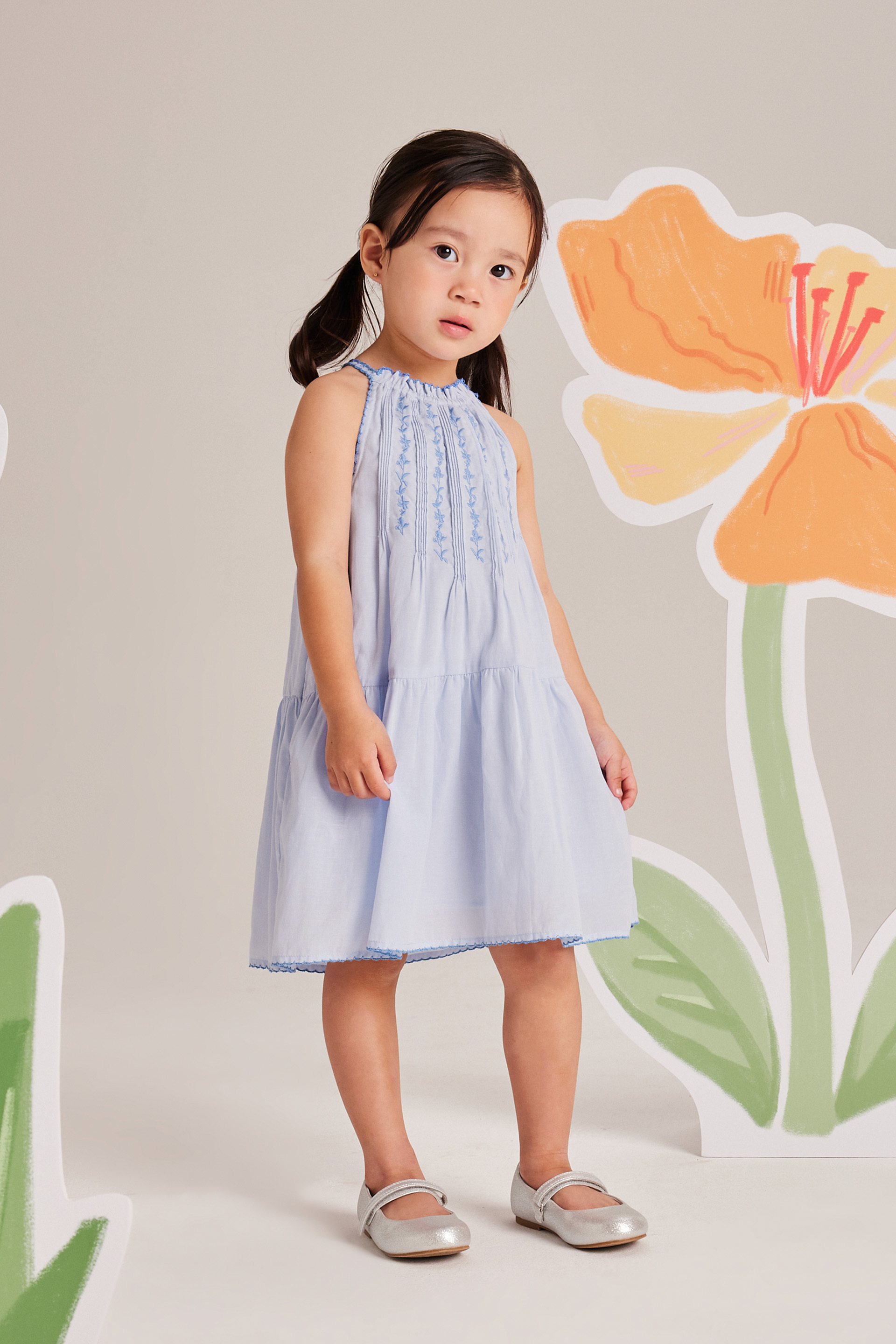 Embroidered Pintuck Halter Dress