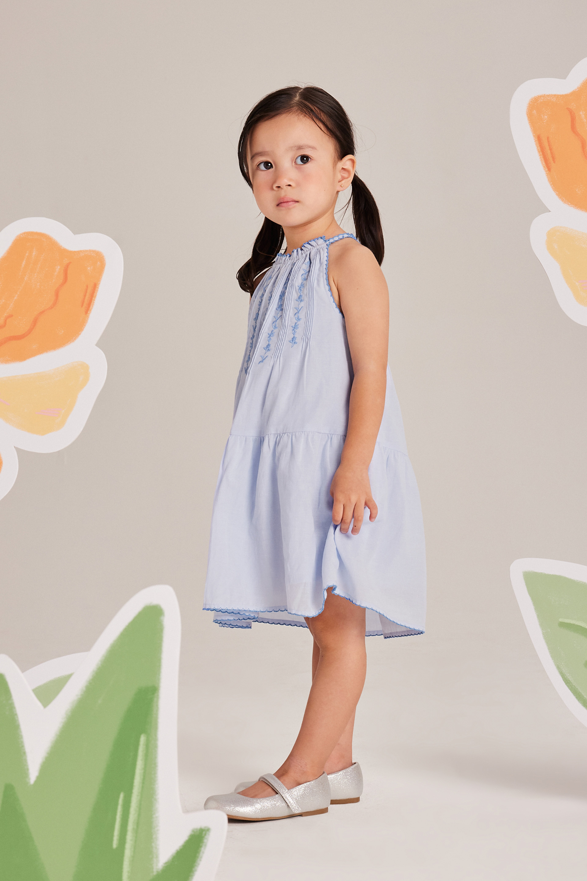 Embroidered Pintuck Halter Dress