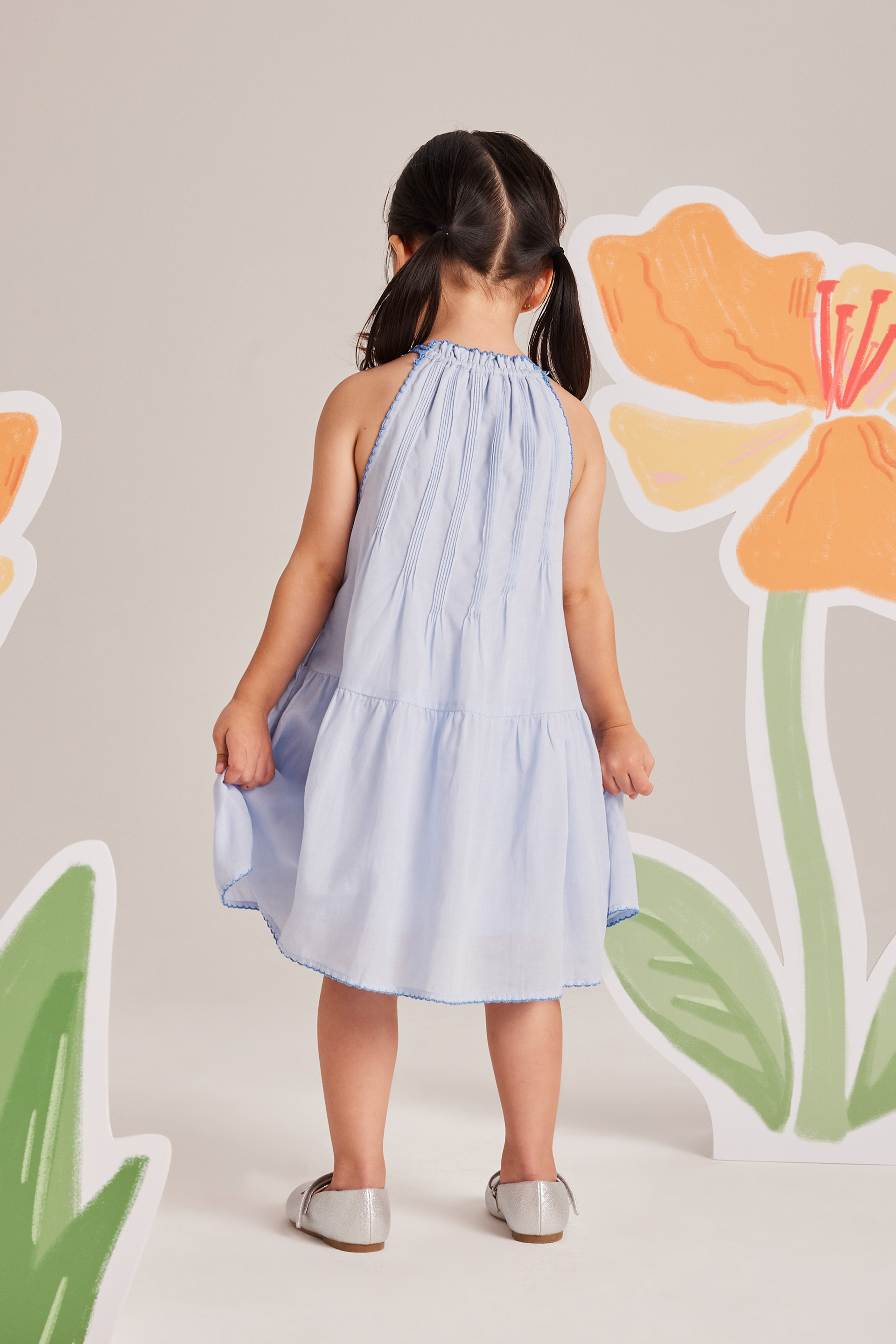 Embroidered Pintuck Halter Dress