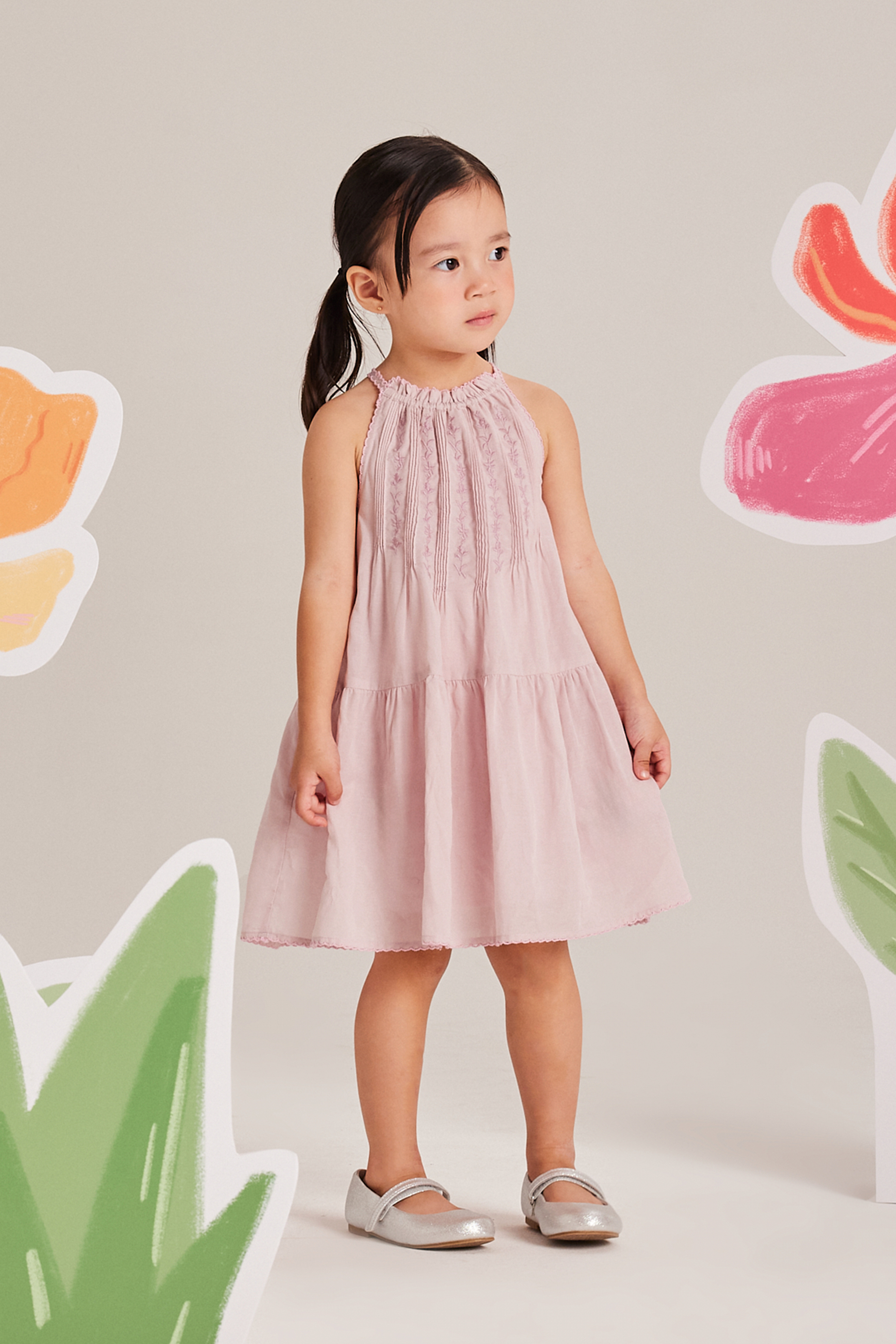 Embroidered Pintuck Halter Dress