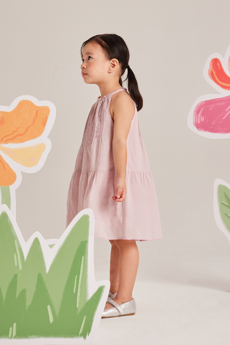 Embroidered Pintuck Halter Dress