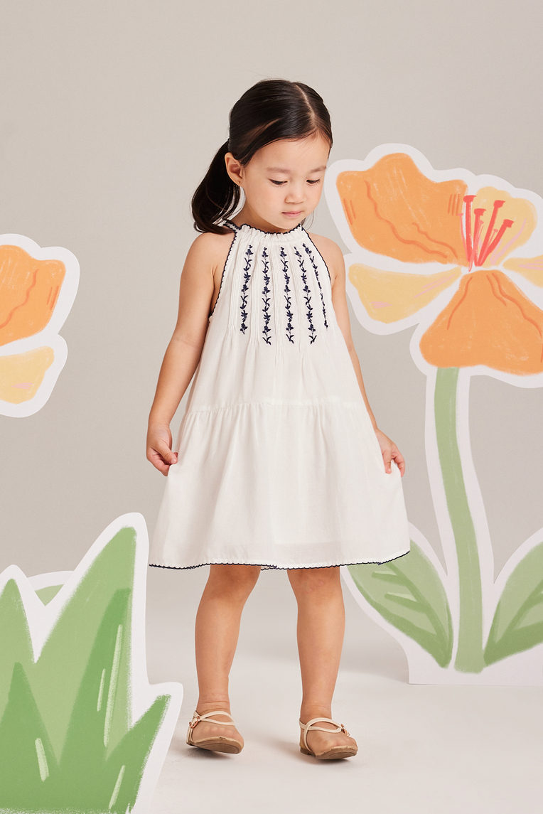 Embroidered Pintuck Halter Dress