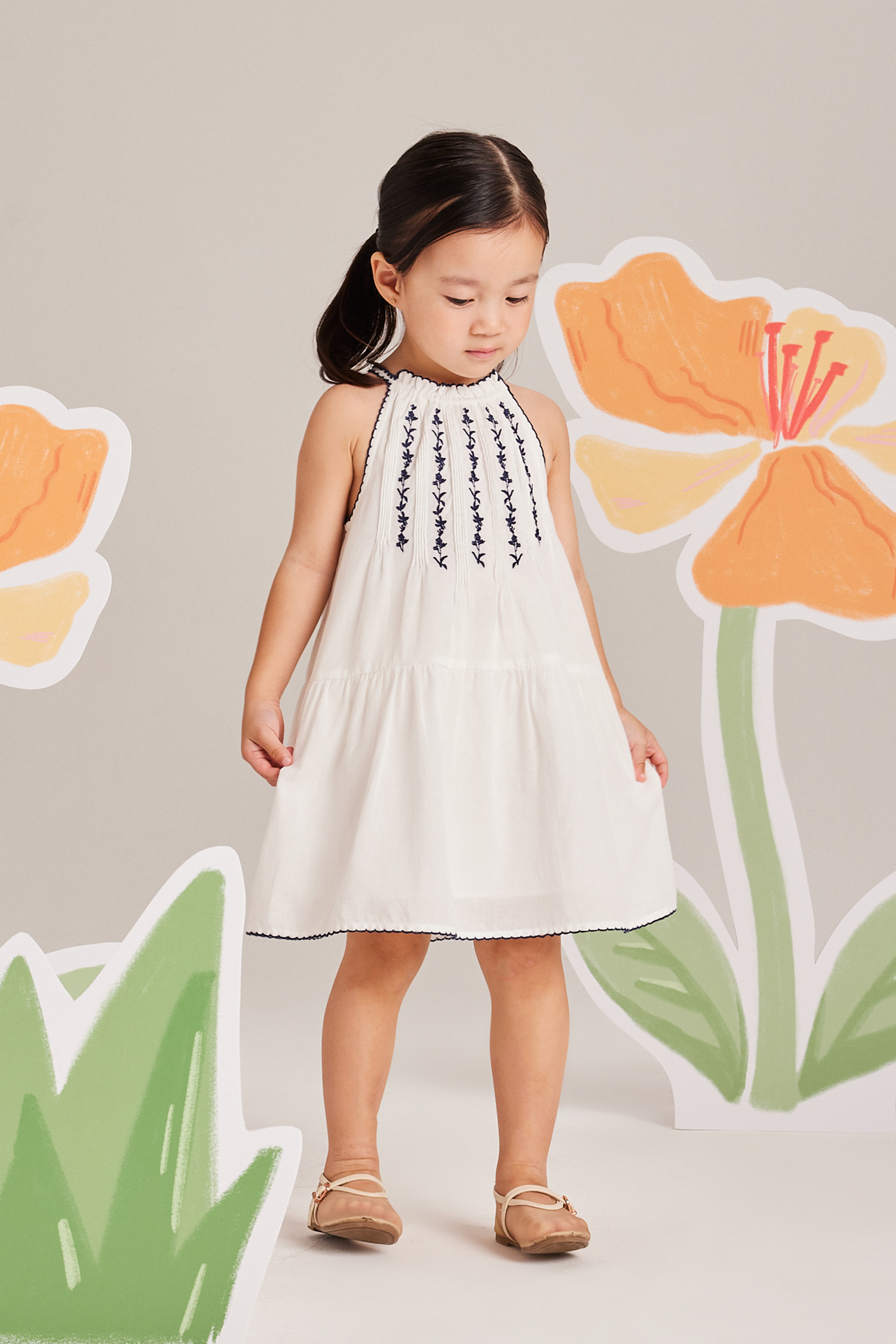 Embroidered Pintuck Halter Dress