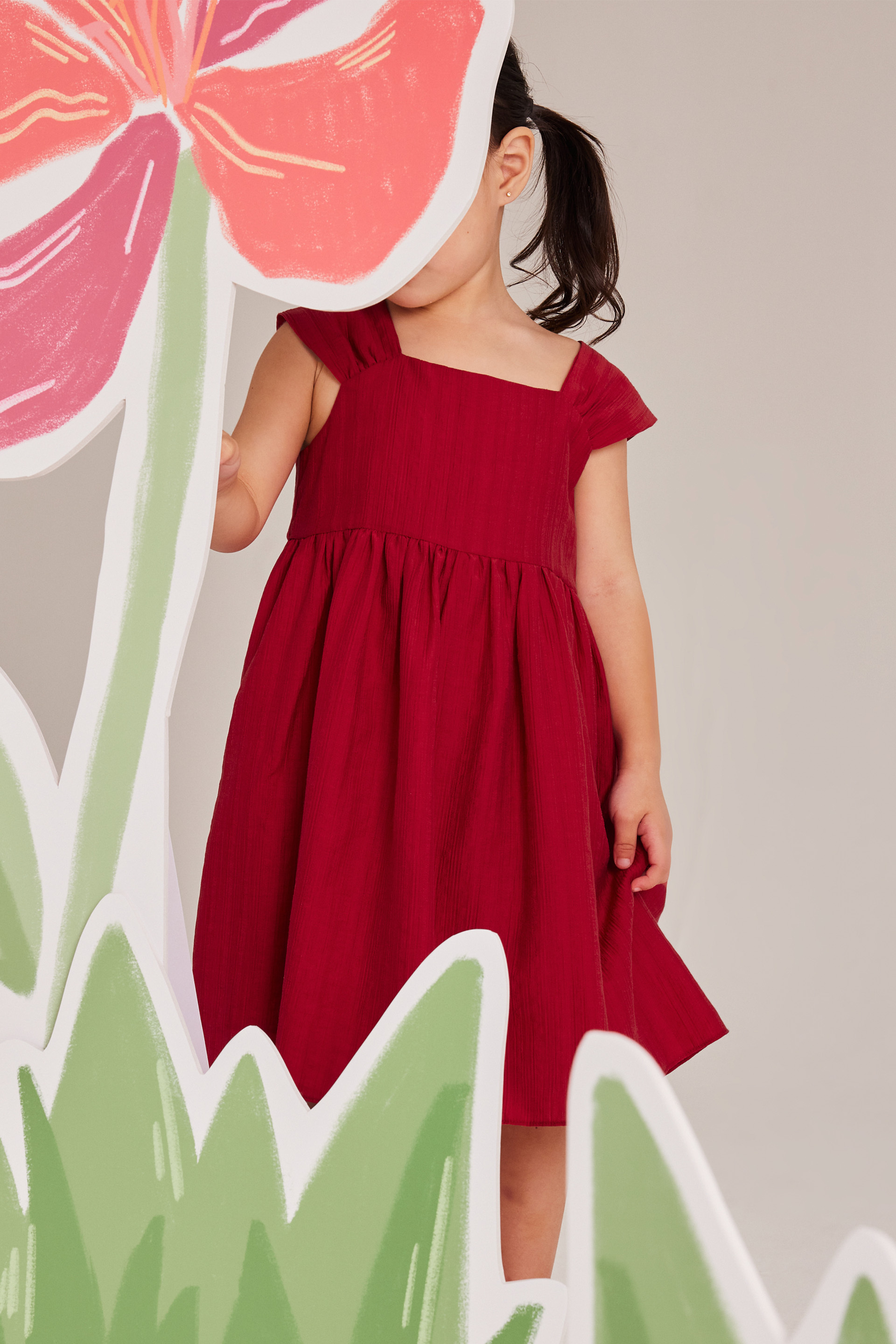 Crinkled Gathered-Sleeve Dress