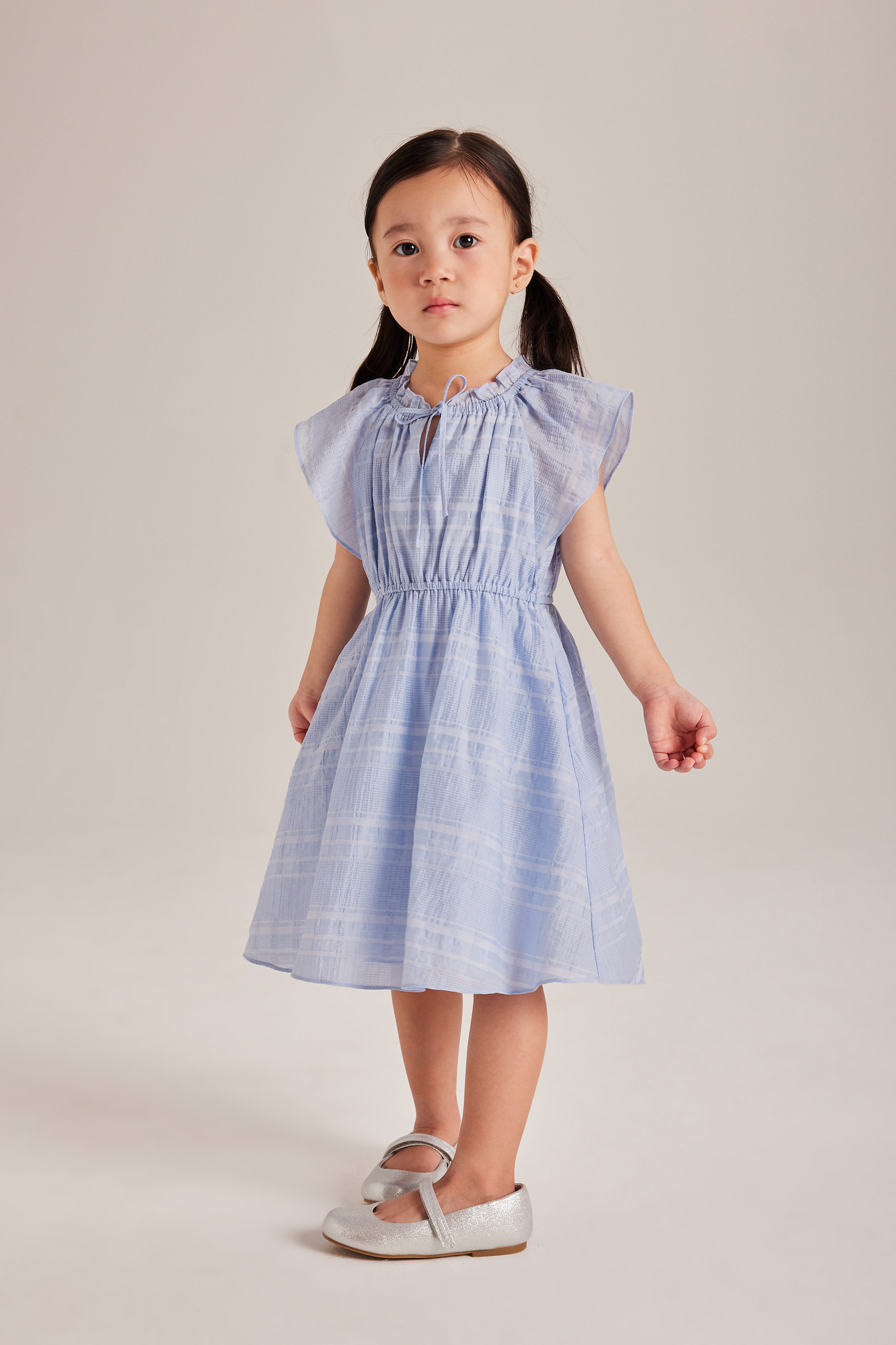 Textured Check Flutter-Sleeve Dress