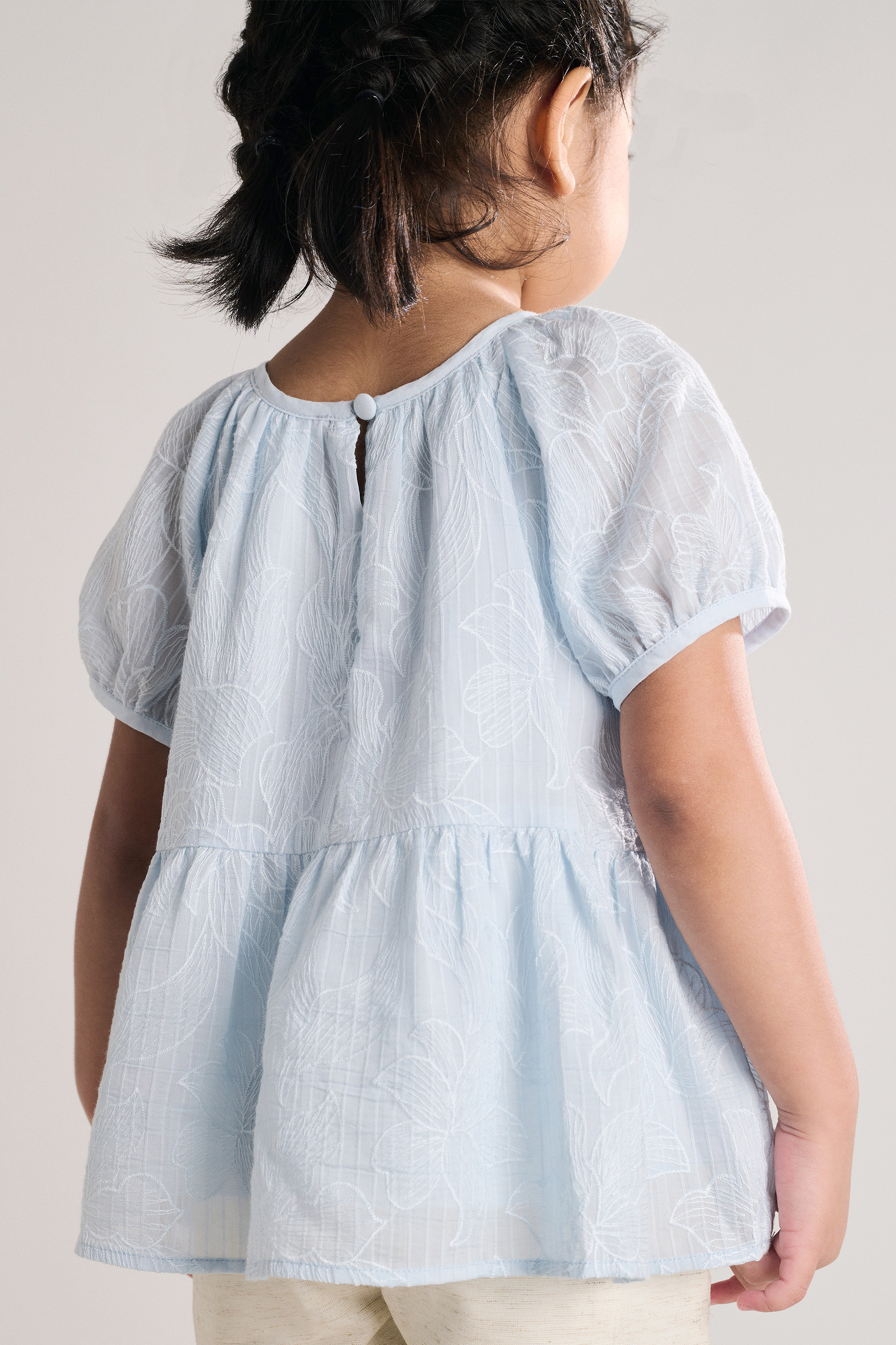 Embroidered Texture Bubble-Sleeve Top